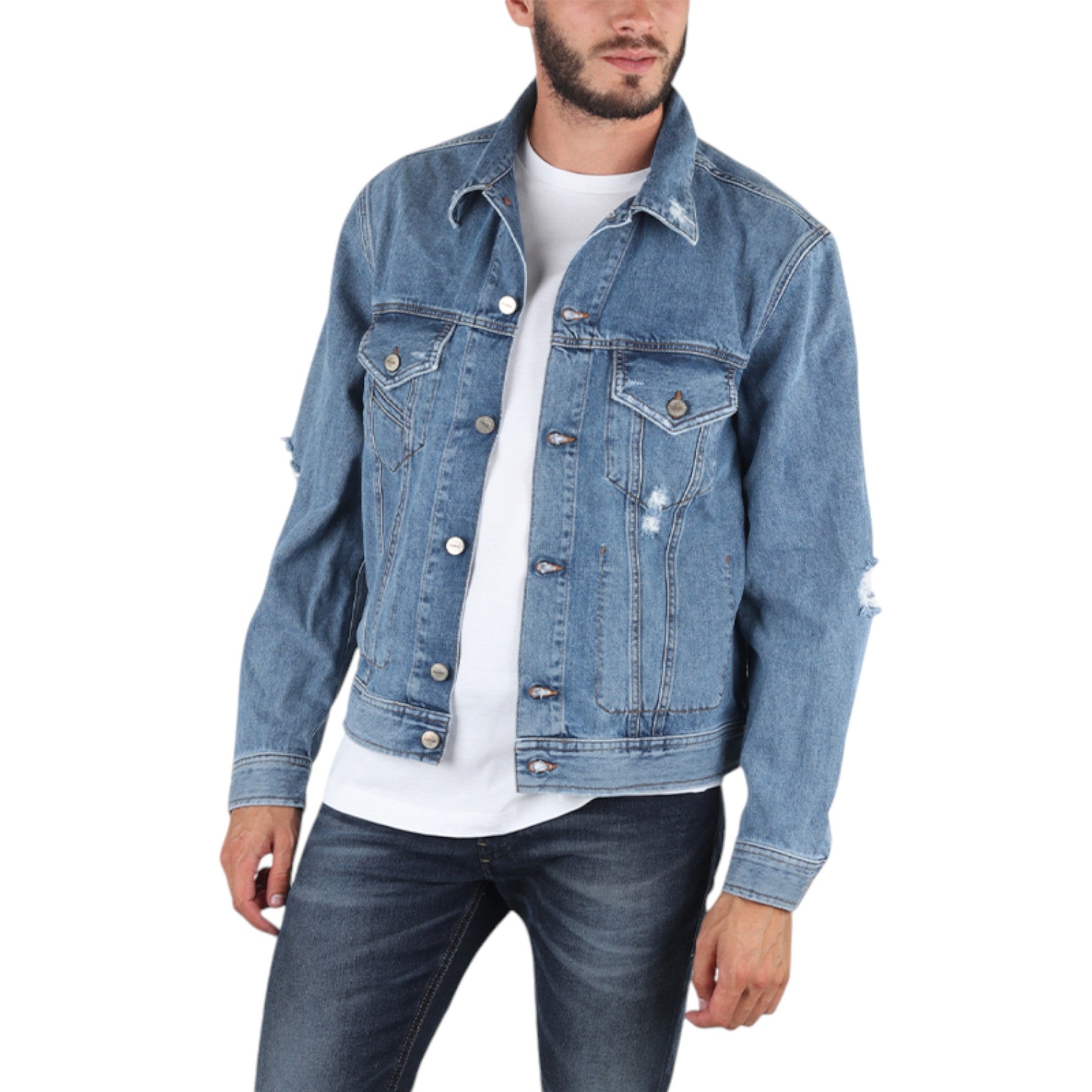 DIESEL D ROBYN Mens Denim Jeans Jacket Cotton Distressed Elbow Flip Pockets Blue