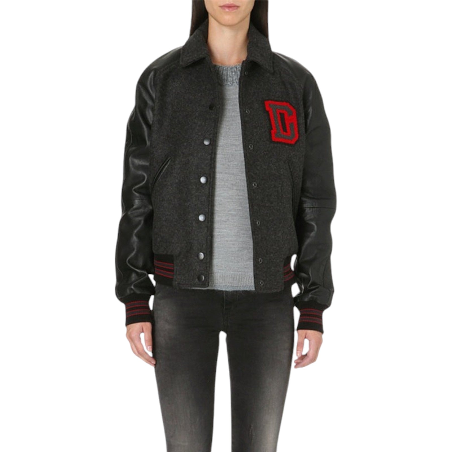 DIESEL L CREW Womens Varsity Jacket Black Leather Long Sleeve Baseball Coat