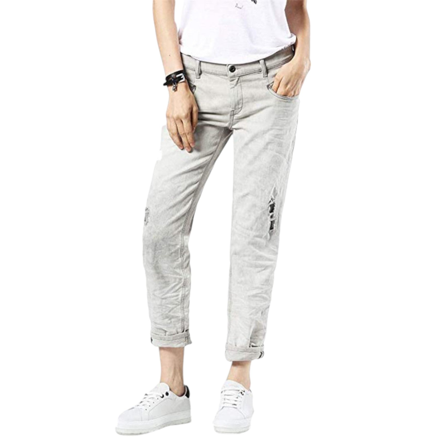 DIESEL BELTHY 0676M Womens Denim Jeans Regular Fit Distressed Straight Leg Pants