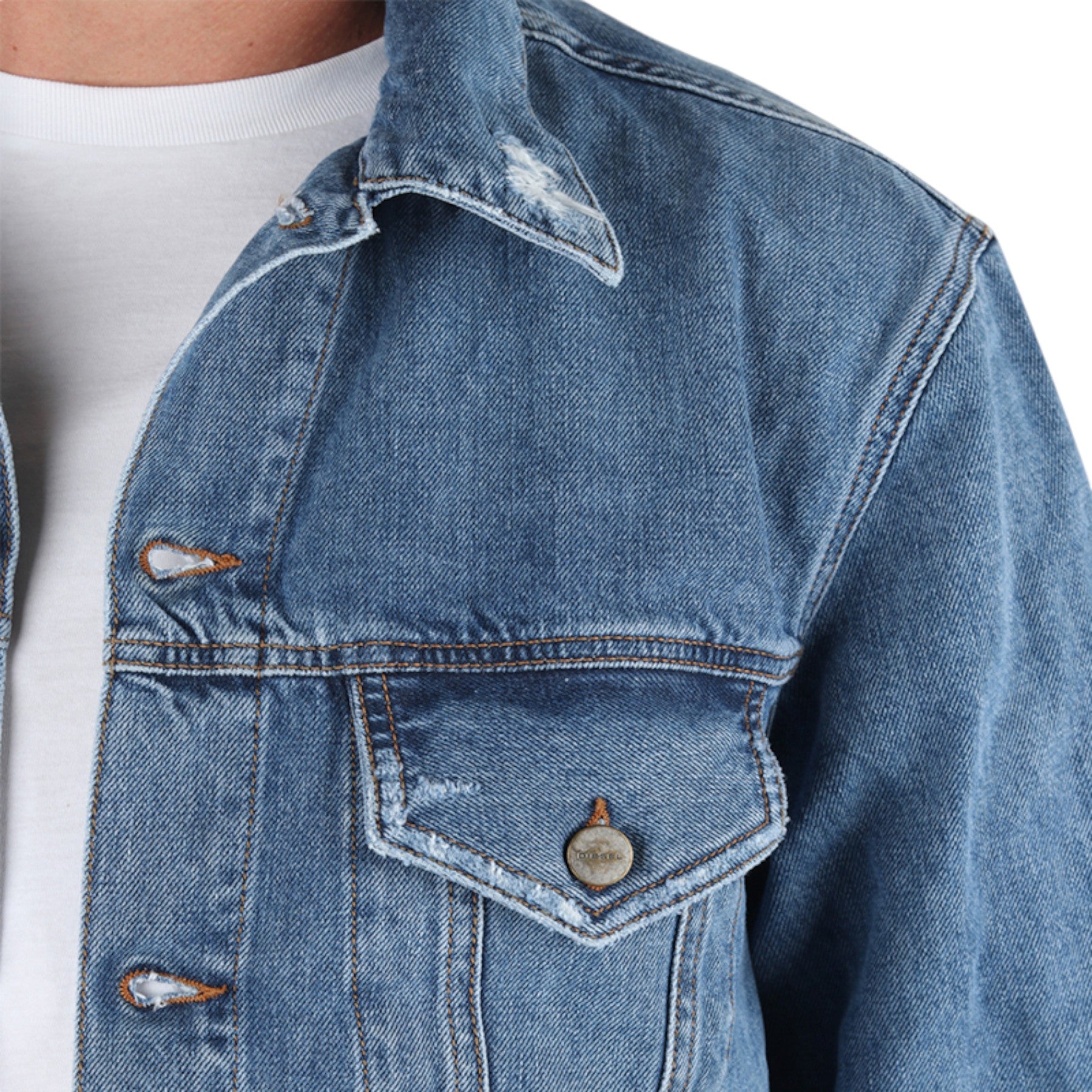 DIESEL D ROBYN Mens Denim Jeans Jacket Cotton Distressed Elbow Flip Pockets Blue