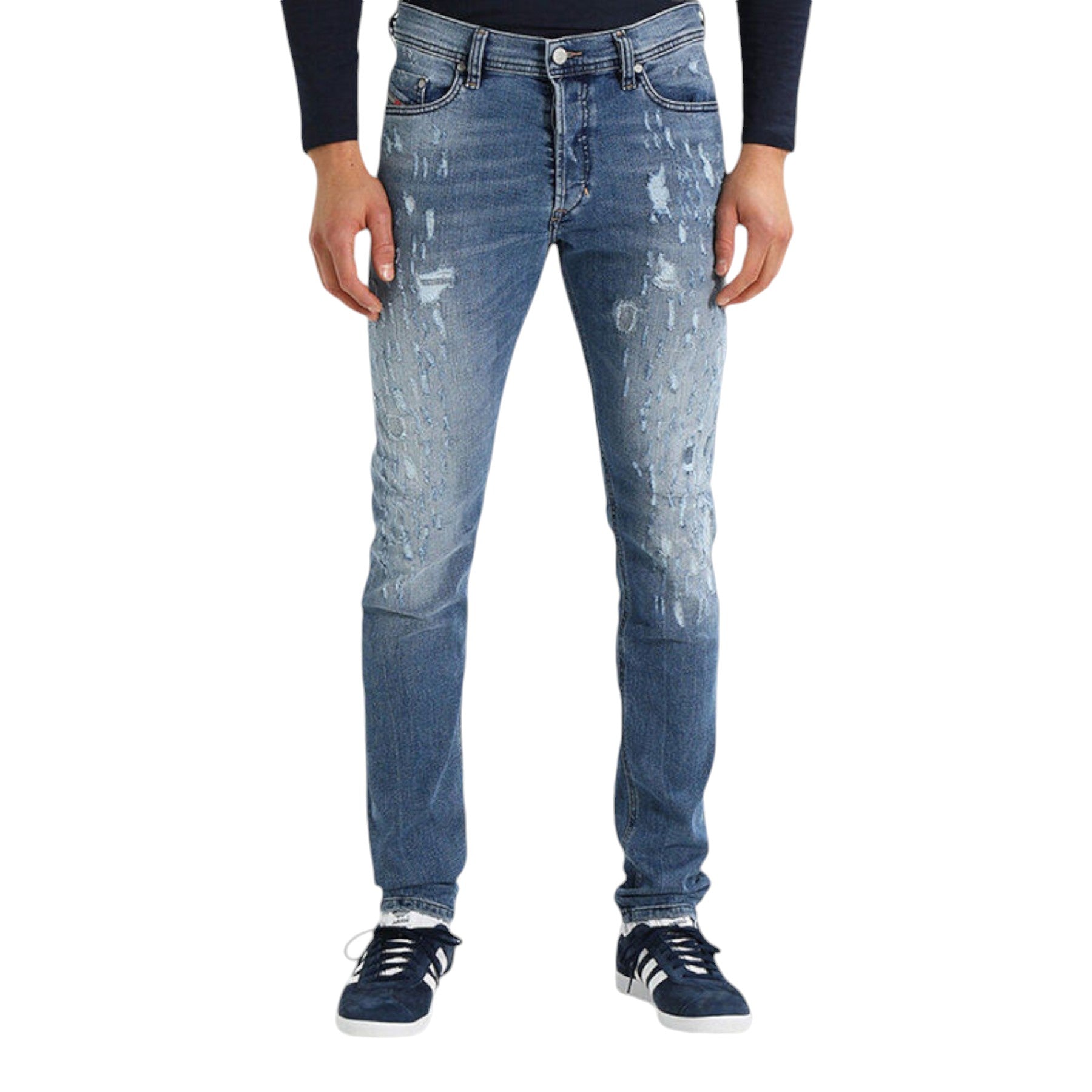 DIESEL TEPPHAR 084QS Mens Denim Blue Jeans Distressed Stretch Slim Carrot  Fit