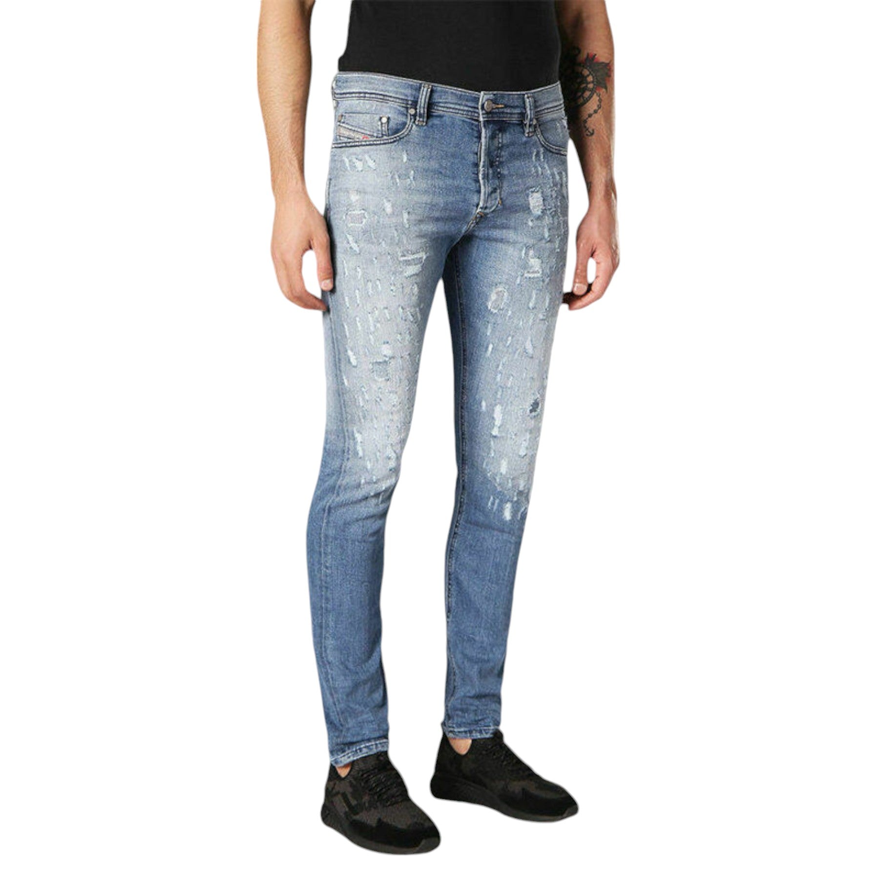 DIESEL TEPPHAR 084QS Mens Denim Blue Jeans Distressed Stretch Slim Carrot  Fit