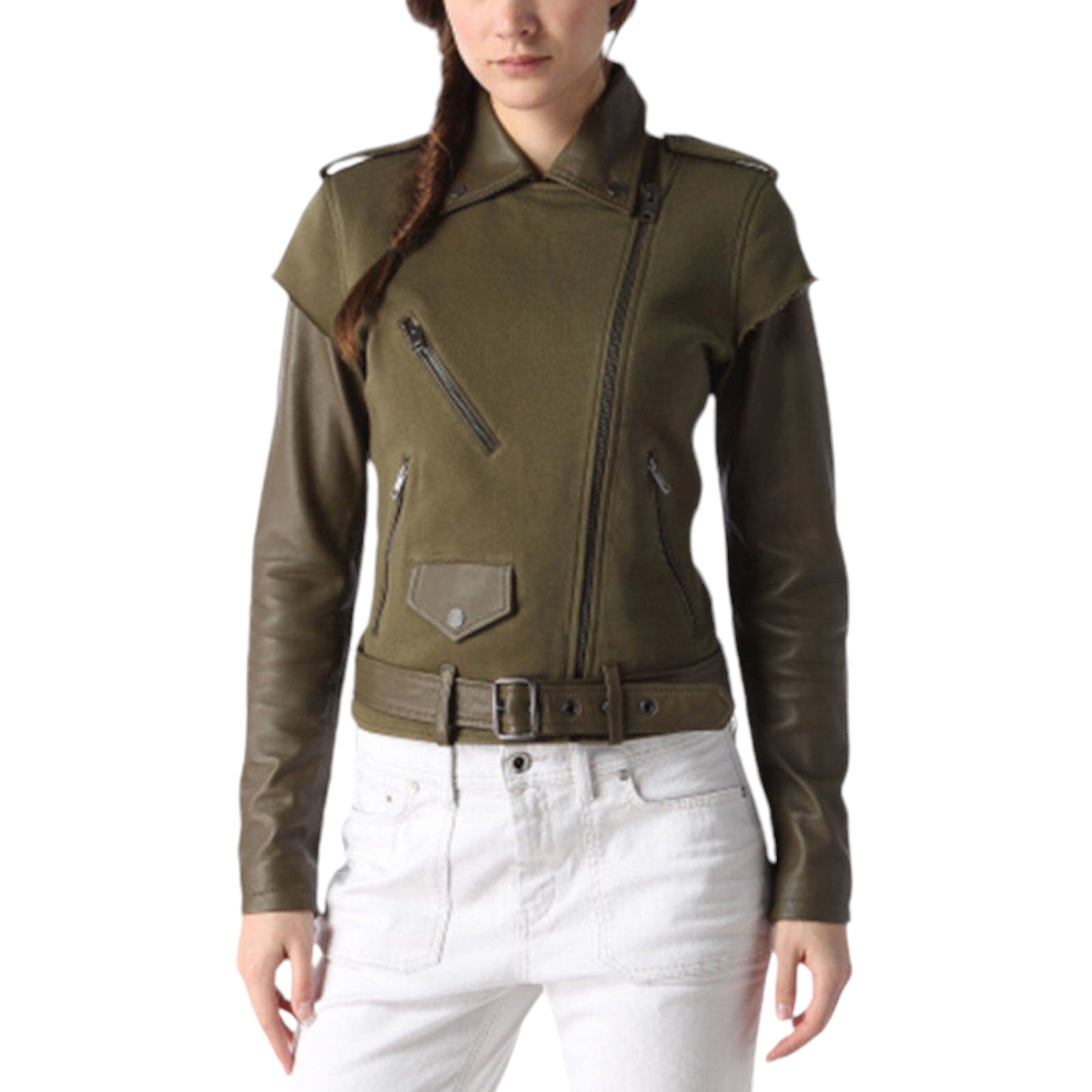 DIESEL L LUPY Womens Biker Jacket Cafe Racer Slim Ladies Zip Olive Leather Coat D Outlet