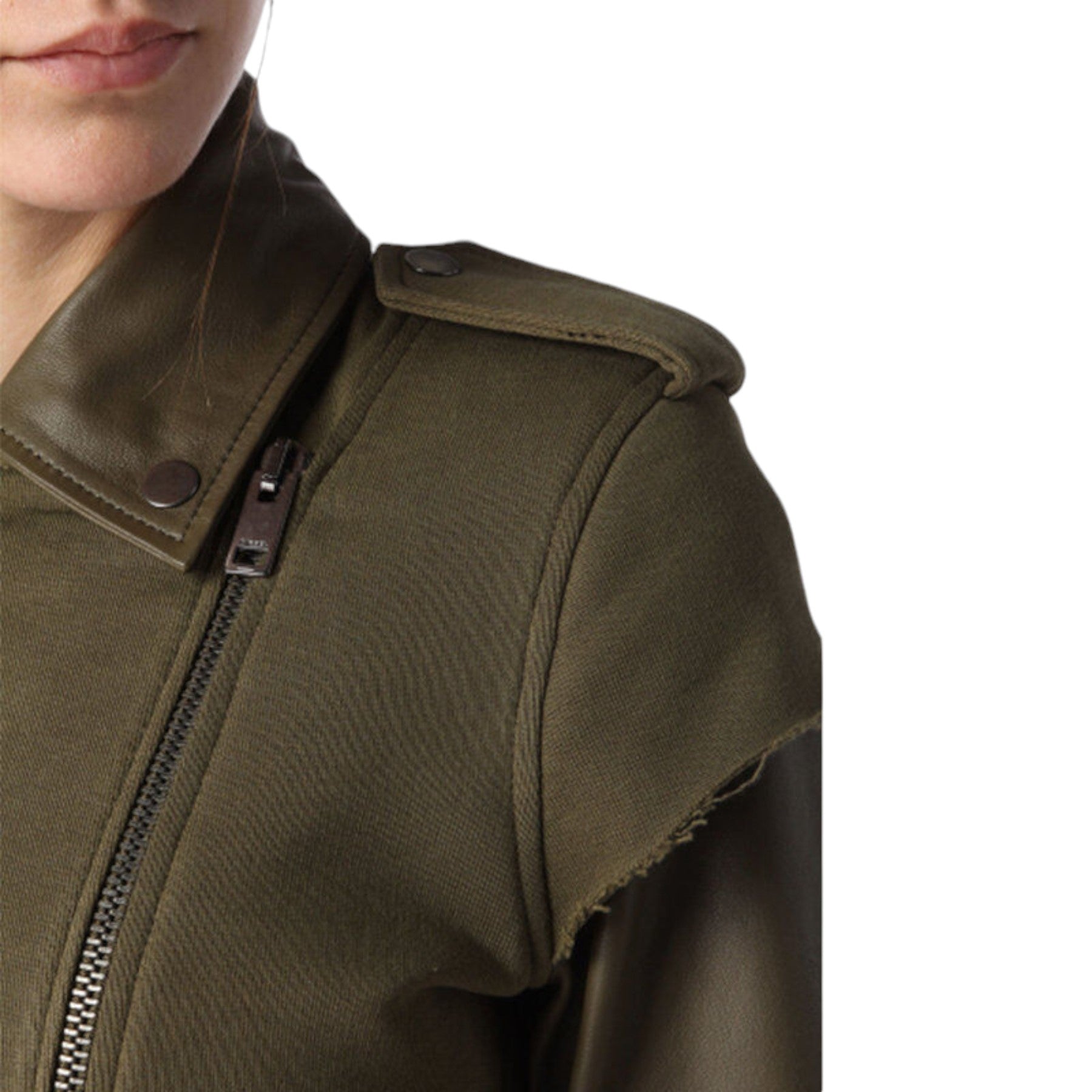 DIESEL L LUPY Womens Biker Jacket Cafe Racer Slim Ladies Zip Olive Leather Coat