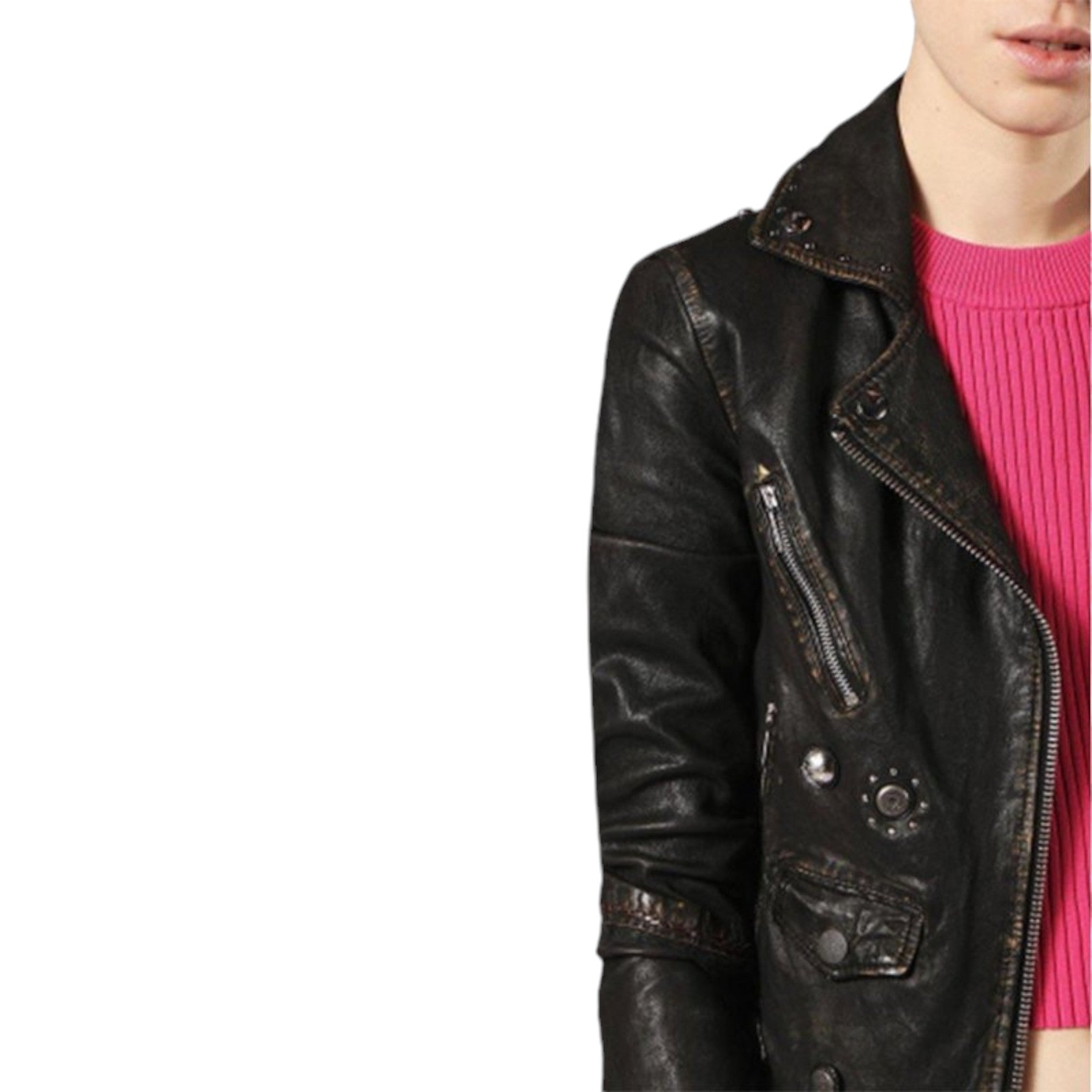 DIESEL L TERRY Womens Biker Jacket Genuine Leather Long Sleeve Cafe Racer Coat