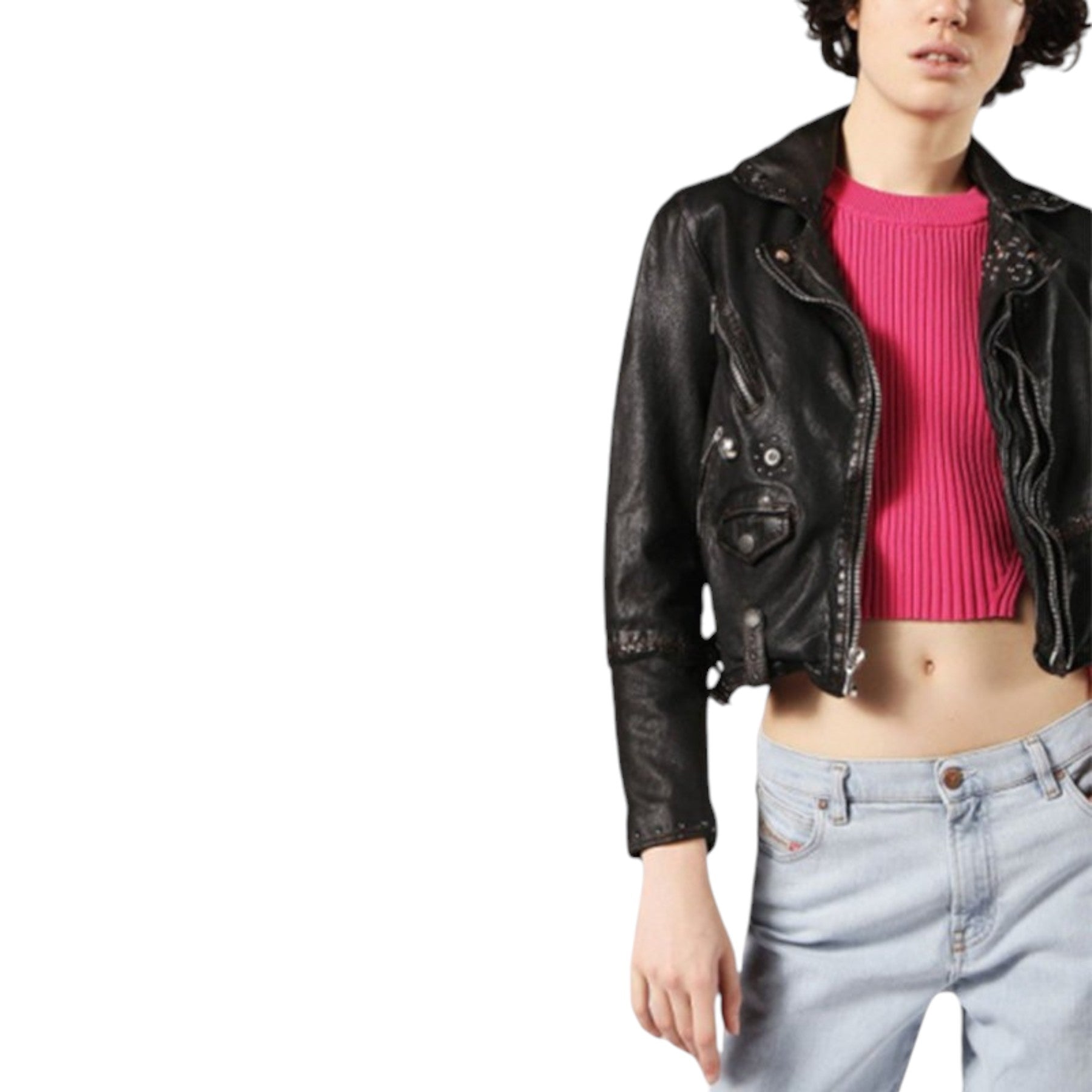 DIESEL L TERRY Womens Biker Jacket Genuine Leather Long Sleeve Cafe Racer Coat