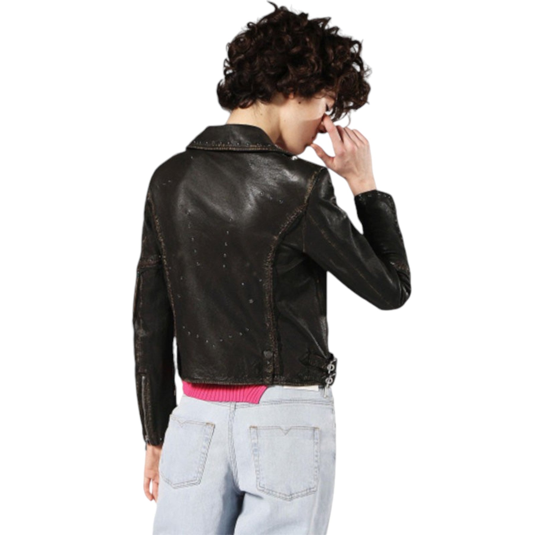 DIESEL L TERRY Womens Biker Jacket Genuine Leather Long Sleeve Cafe Racer Coat