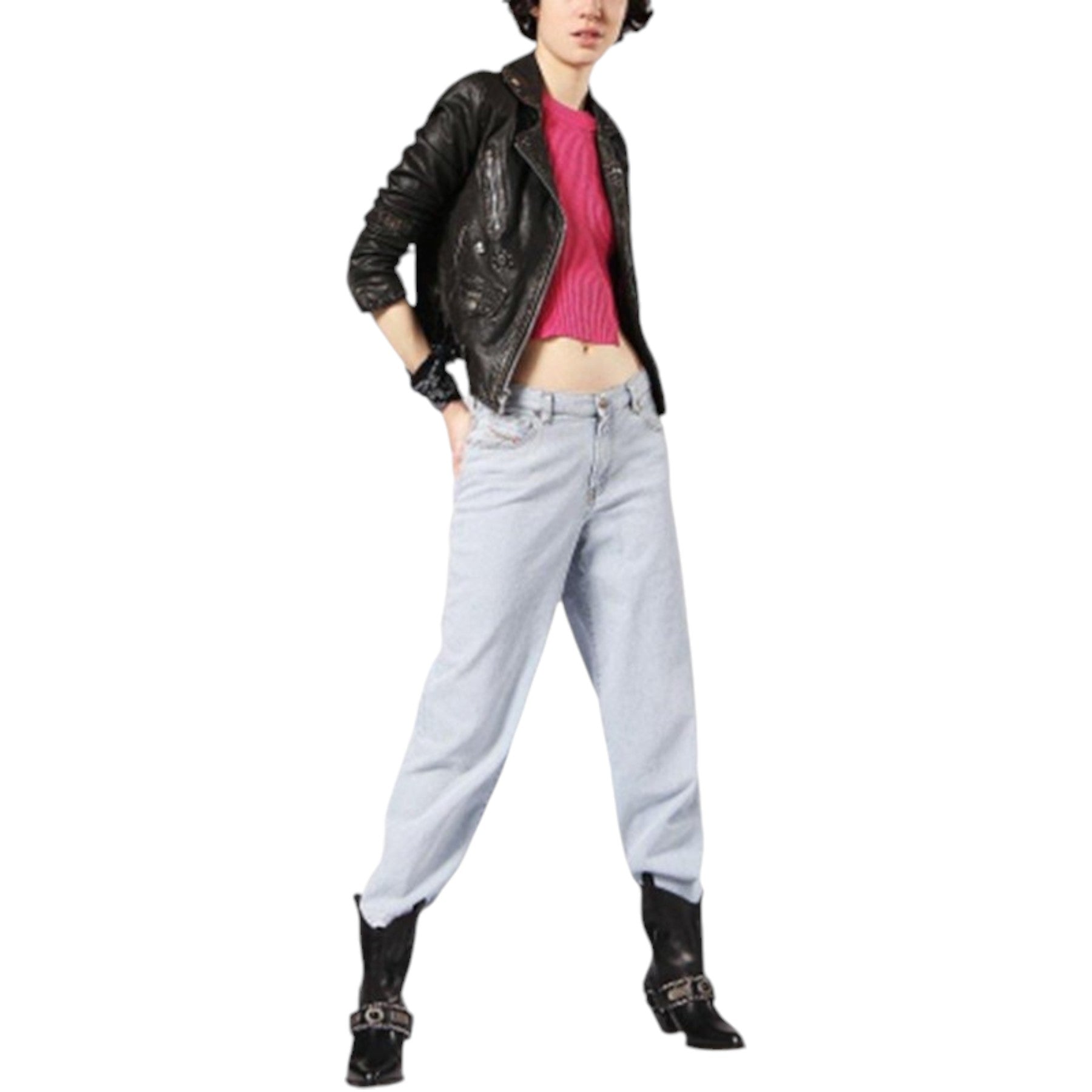 DIESEL L TERRY Womens Biker Jacket Genuine Leather Long Sleeve Cafe Racer Coat