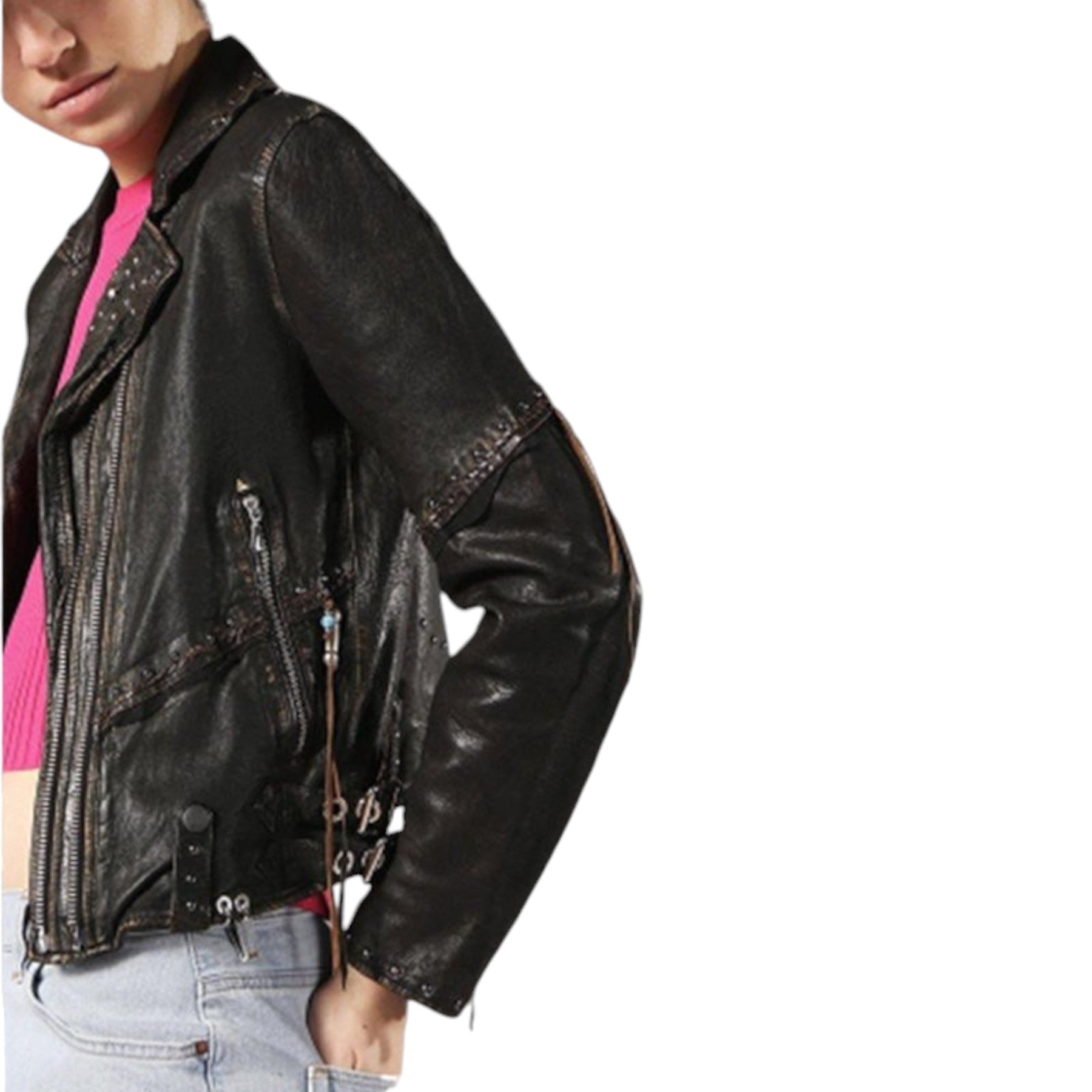 DIESEL L TERRY Womens Biker Jacket Genuine Leather Long Sleeve Cafe Racer Coat