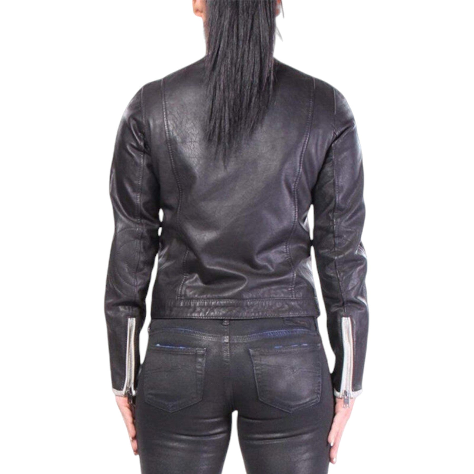 DIESEL L GIN Womens Leather Jacket Long Sleeve Cafe Racer Ladies Biker Zip Coat