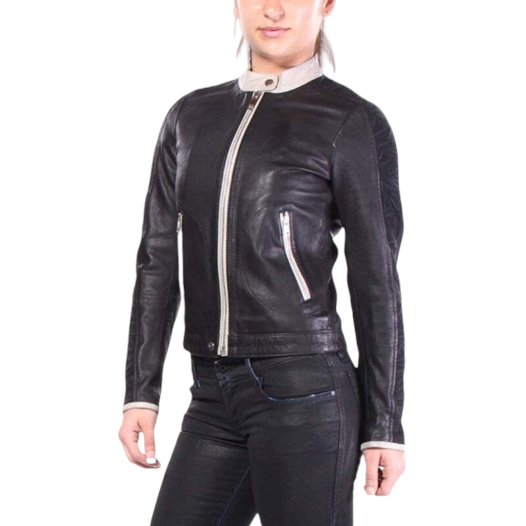 DIESEL L GIN Womens Leather Jacket Long Sleeve Cafe Racer Ladies Biker Zip Coat