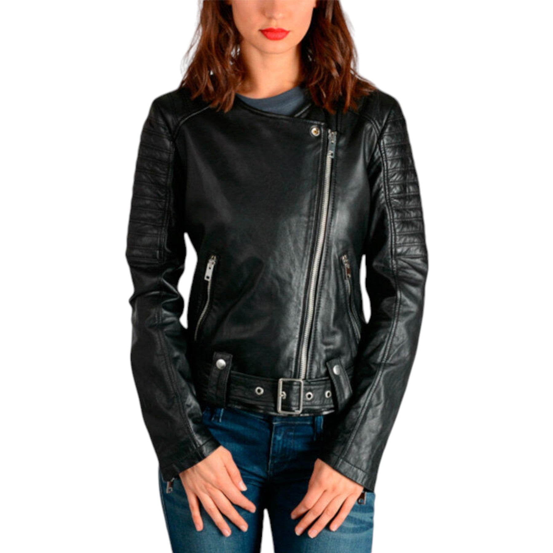 DIESEL L MADE Womens Biker Jacket Black Leather Long Sleeve Ladies Zip Up Coat