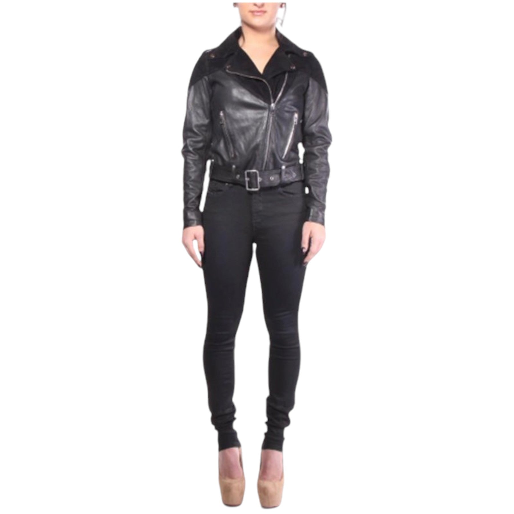 DIESEL L CYGNI Womens Genuine Leather Biker Jacket Size S Zipped Slim Fit Coat