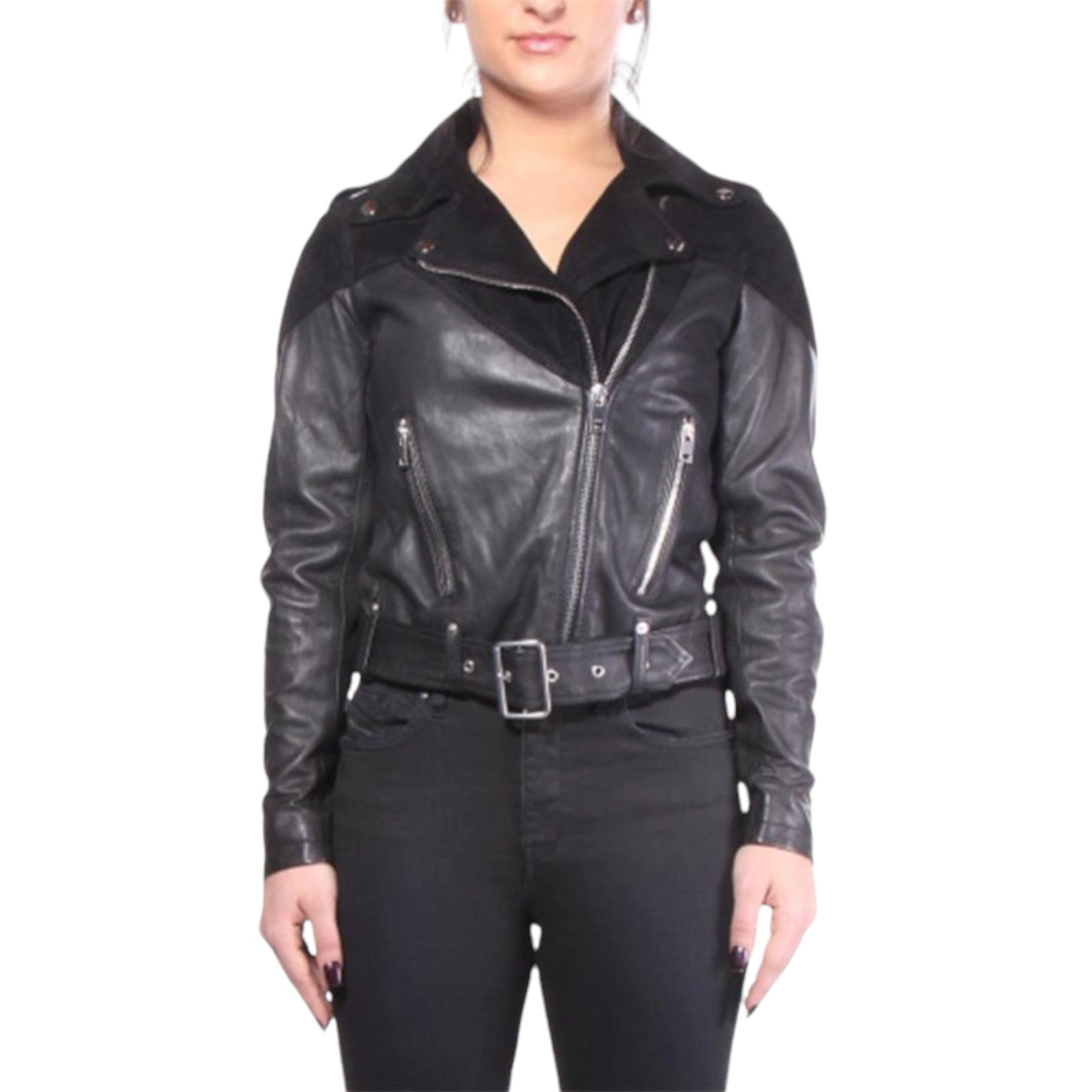 DIESEL L CYGNI Womens Genuine Leather Biker Jacket Size S Zipped Slim Fit Coat