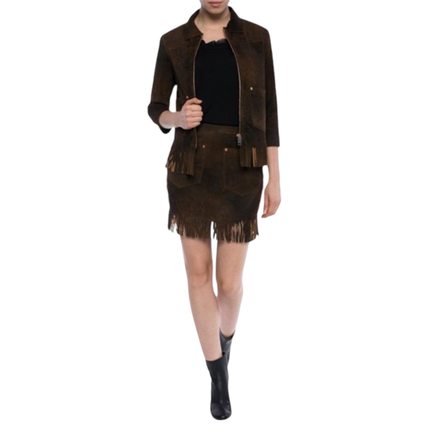 DIESEL L FOXX Womens Genuine Leather Shirt Jacket Size S Fringe Sued Slim Coat