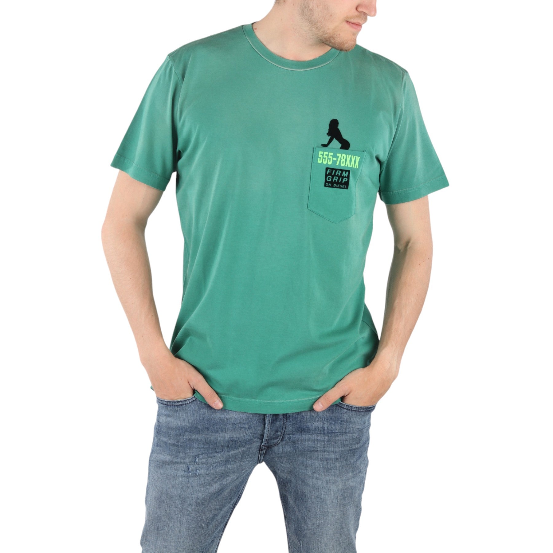 DIESEL T JOE ST 0BARK 5HB Mens T-shirt Crew Neck Printed Casual Summer Green Tee