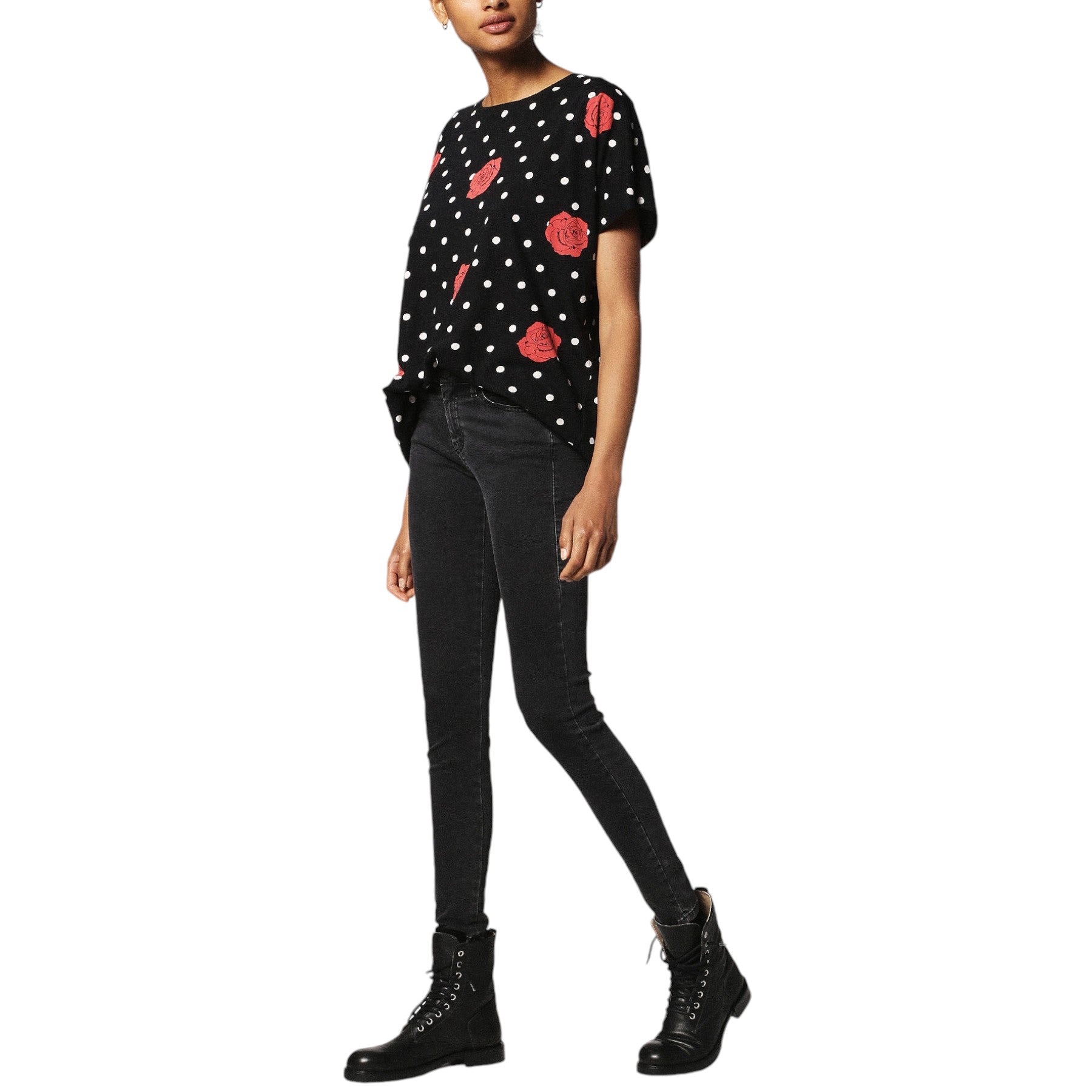 DIESEL T HANNA AI 0GAOJ Women T-shirt Casual Crew Neck Polka Dots Tops Black Tee