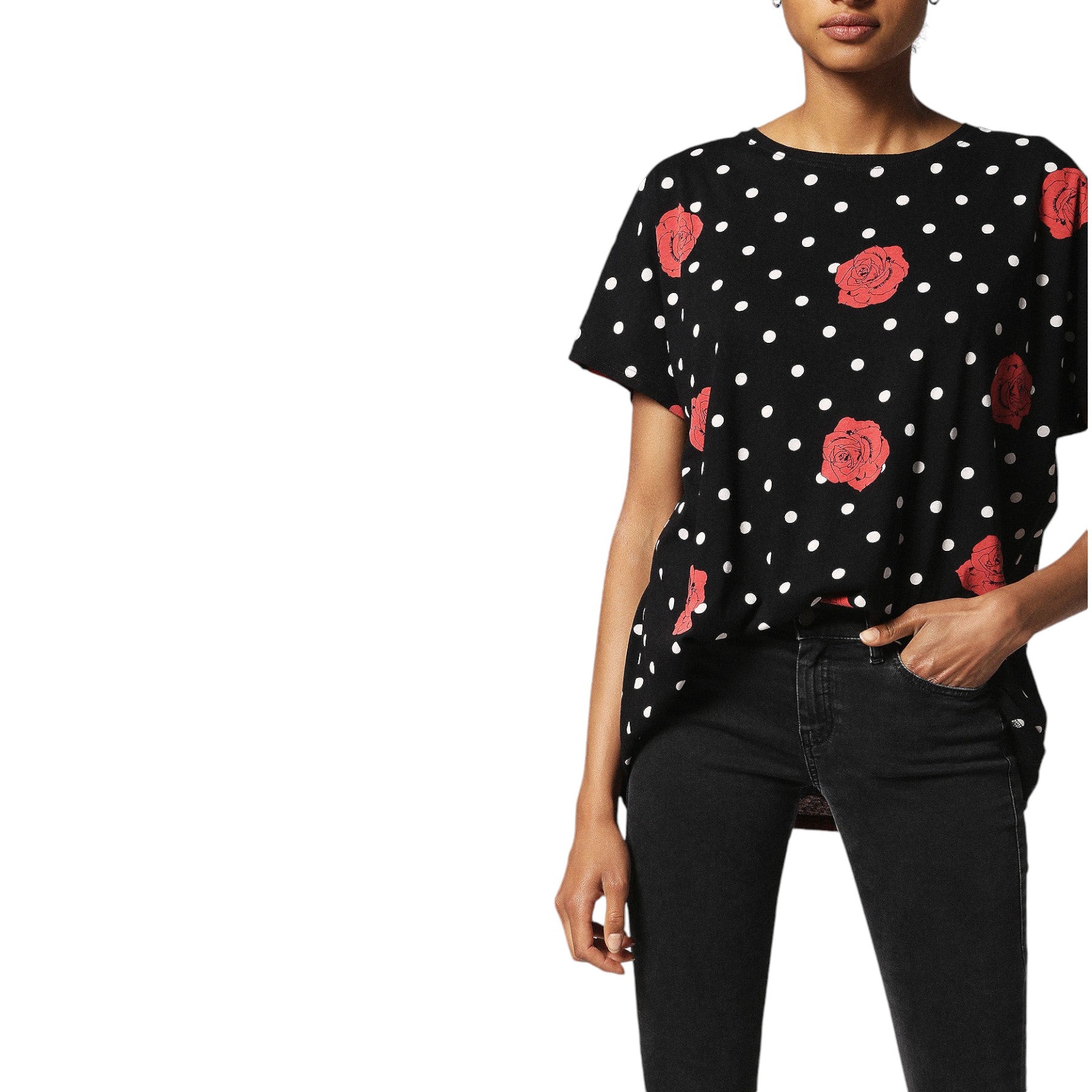 DIESEL T HANNA AI 0GAOJ Women T-shirt Casual Crew Neck Polka Dots Tops Black Tee