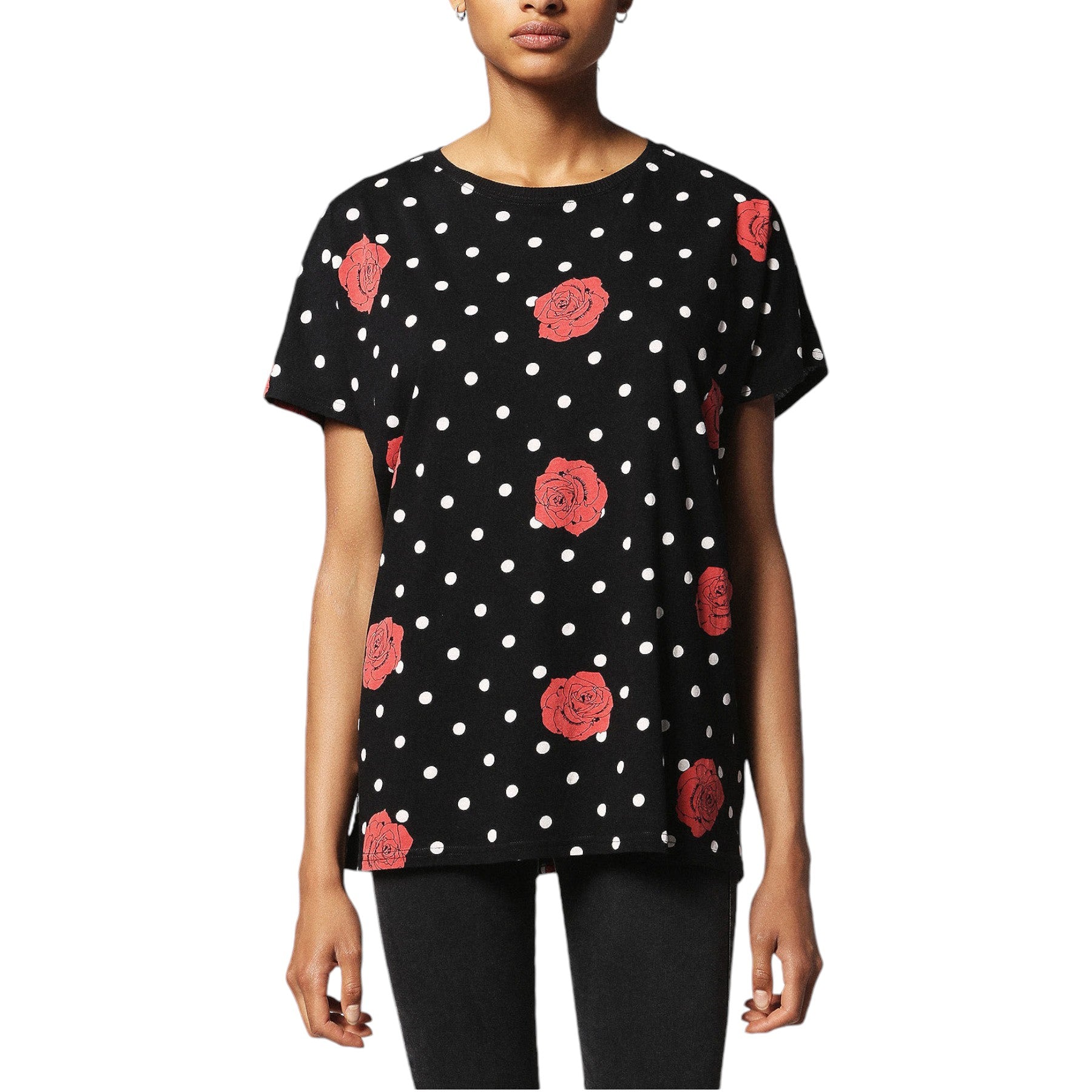 DIESEL T HANNA AI 0GAOJ Women T-shirt Casual Crew Neck Polka Dots Tops Black Tee