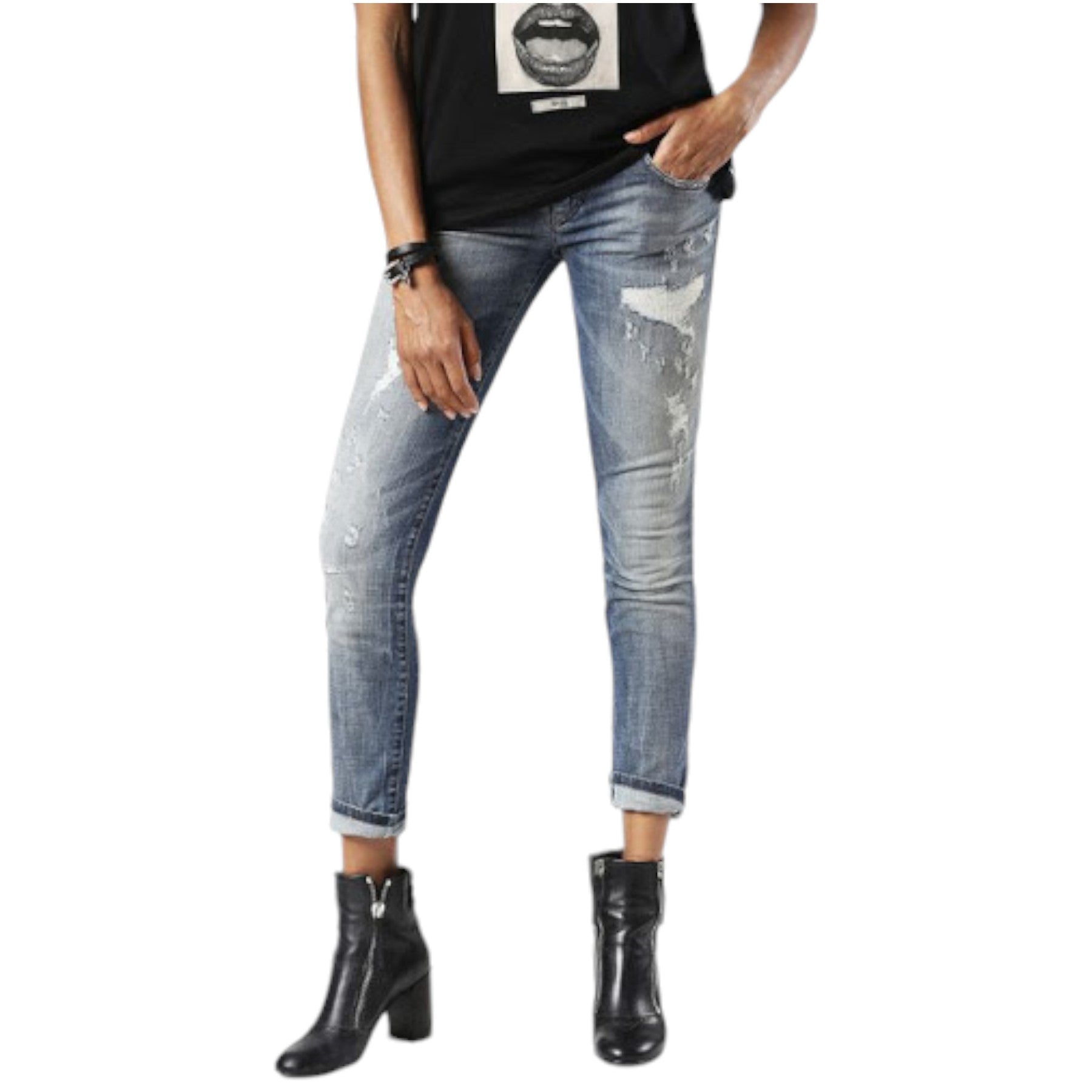 DIESEL GRUPEE 0856X Womens Denim Jeans Super Skinny Fit Blue Faded Zip Italy