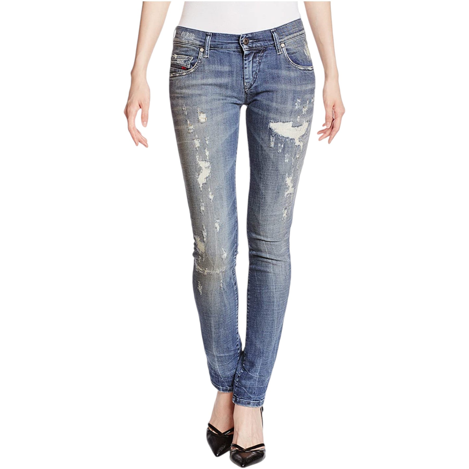 DIESEL GRUPEE 0856X Womens Denim Jeans Super Skinny Fit Blue Faded Zip Italy