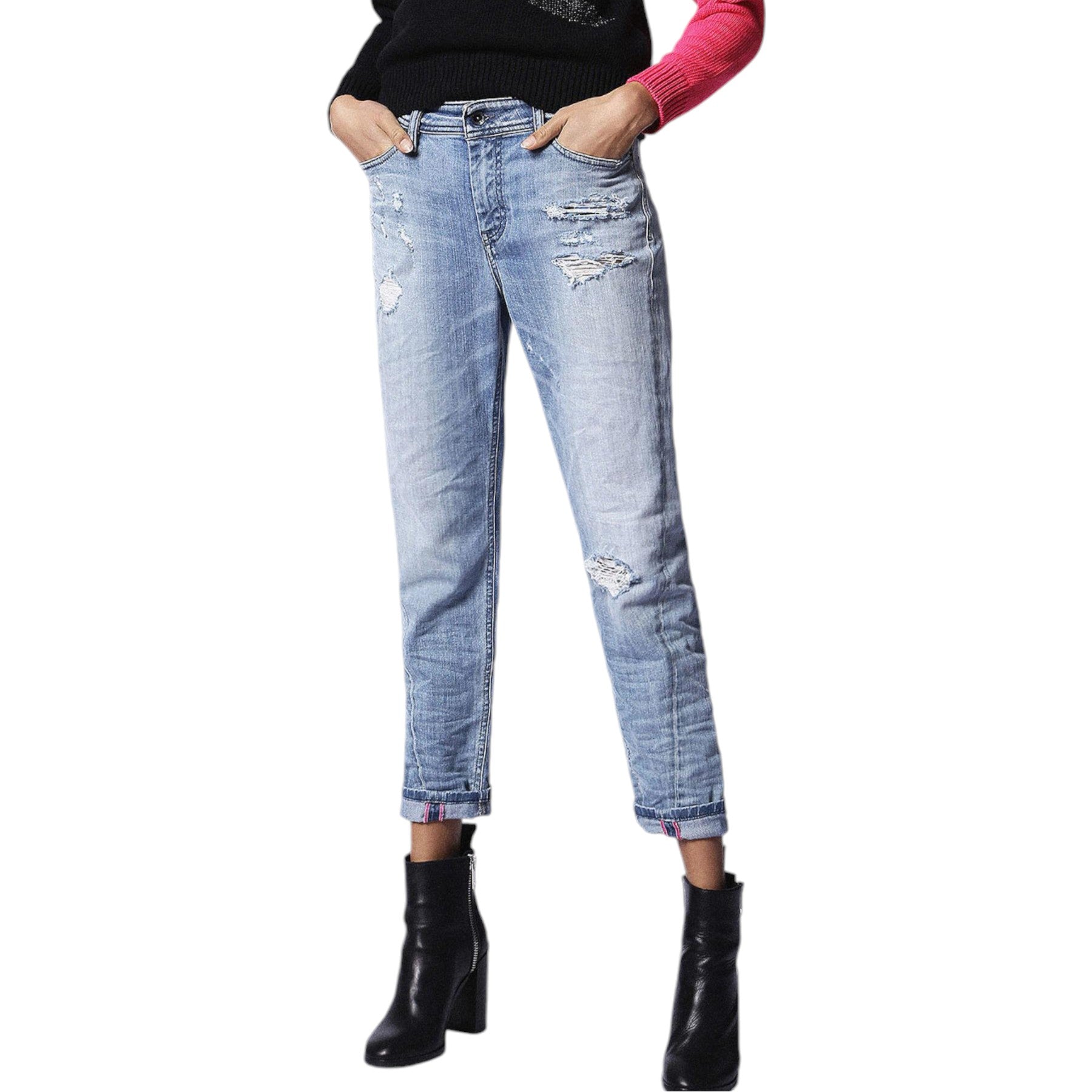 DIESEL Womens Denim Jeans REEN SEAM 0857F Regular Fit Straight Distressed Blue