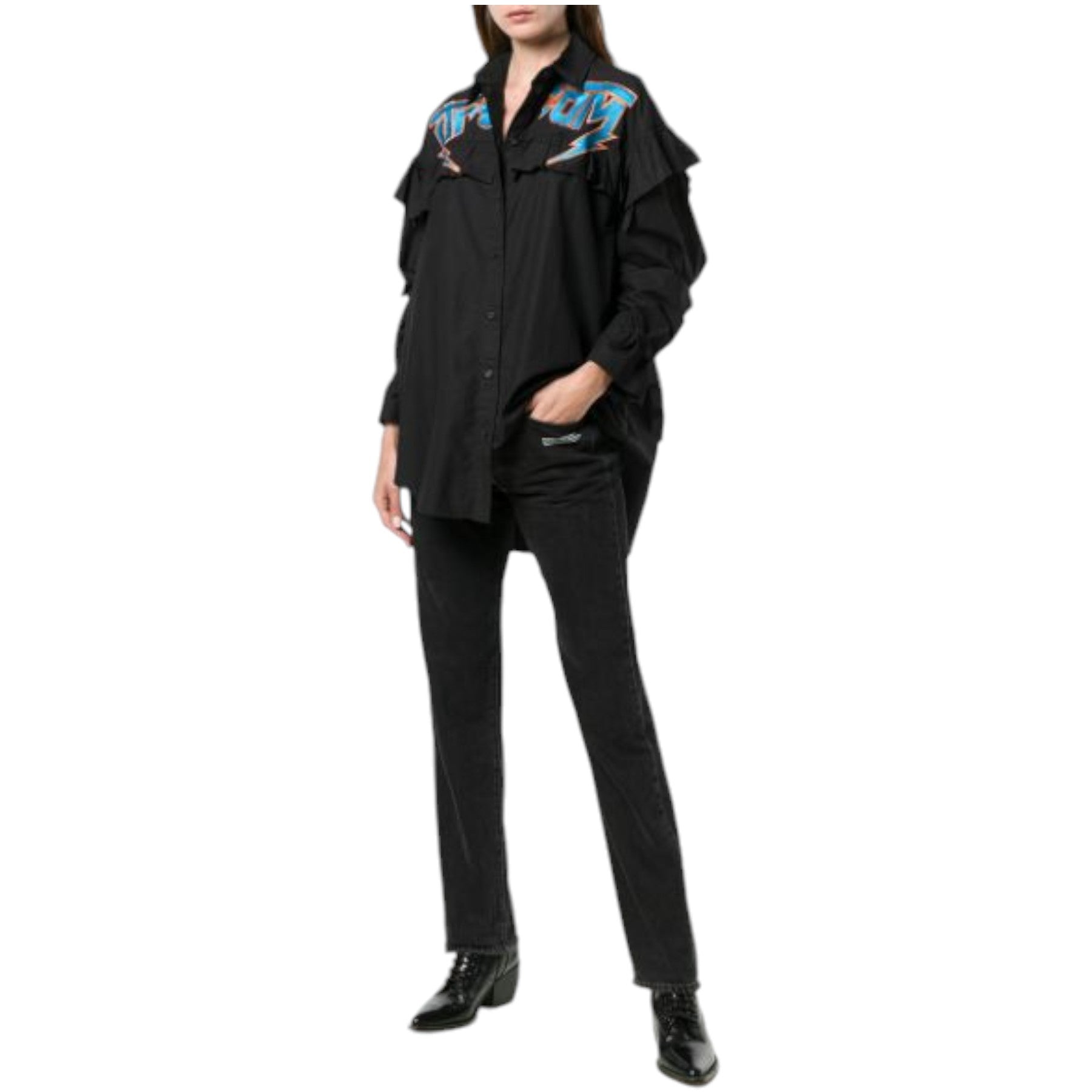 DIESEL C BUL 0BAST Womens Oversize Shirt Embroidered Ladies Long Cotton Black