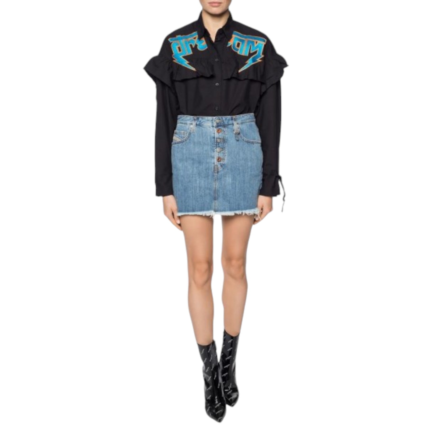 DIESEL C BUL 0BAST Womens Oversize Shirt Embroidered Ladies Long Cotton Black