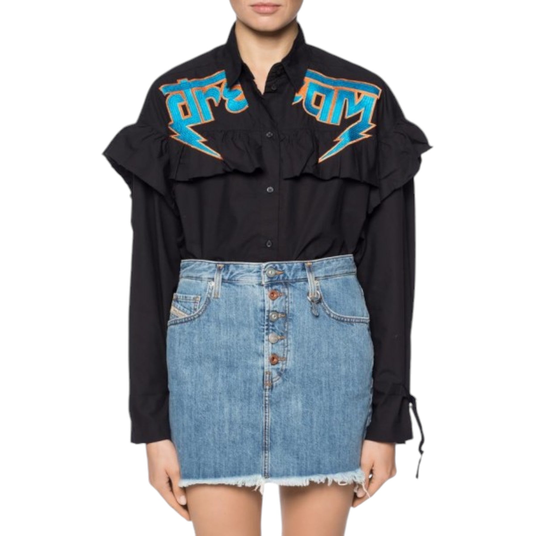 DIESEL C BUL 0BAST Womens Oversize Shirt Embroidered Ladies Long Cotton Black