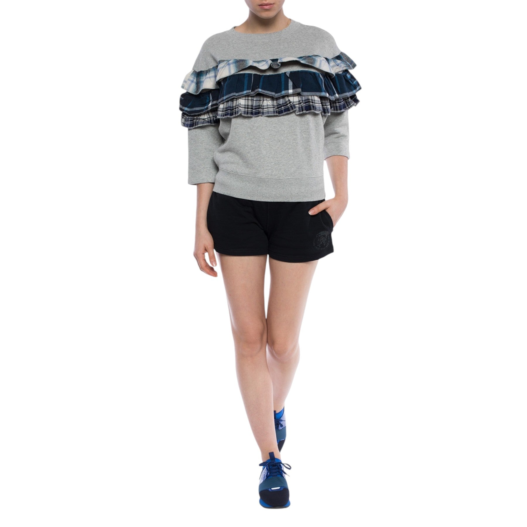 DIESEL F ADELIA Womens Sweatshirt Pullover Crew Neck Ruffle Check Grey Jumper