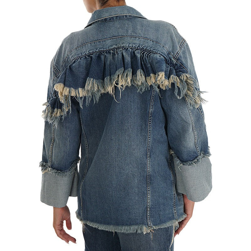 DIESEL DE VISEMAC Womens Denim Jacket Long Sleeve Distressed Blue Western Jacket