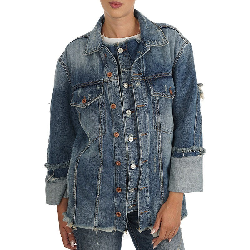 DIESEL DE VISEMAC Womens Denim Jacket Long Sleeve Distressed Blue Western Jacket