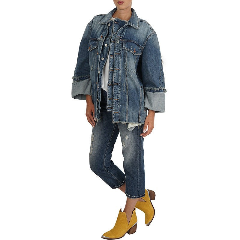 DIESEL DE VISEMAC Womens Denim Jacket Long Sleeve Distressed Blue Western Jacket