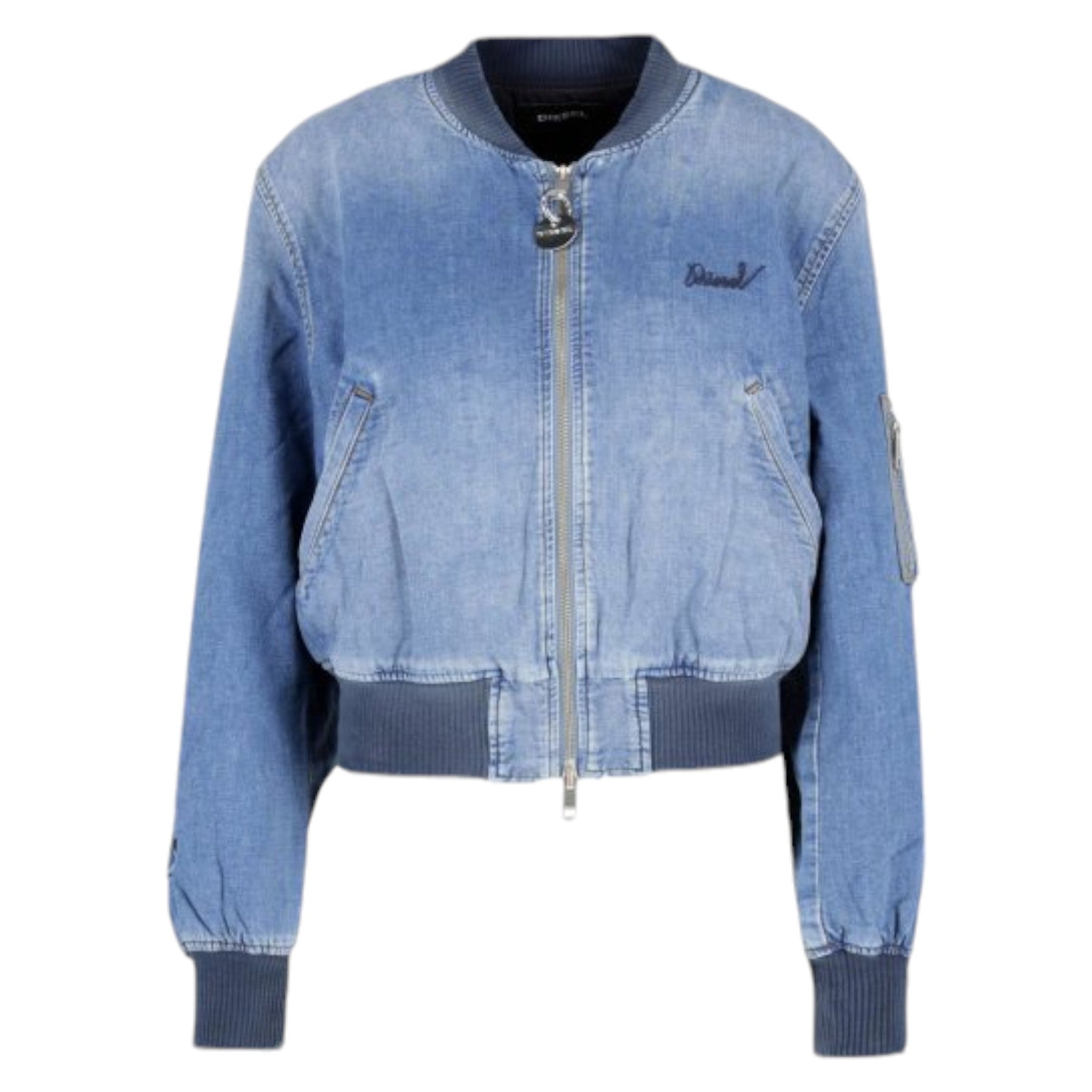 DIESEL DE BRUCY Womens Bomber Jacket Long Sleeve Blue Varsity Denim Jacket XS