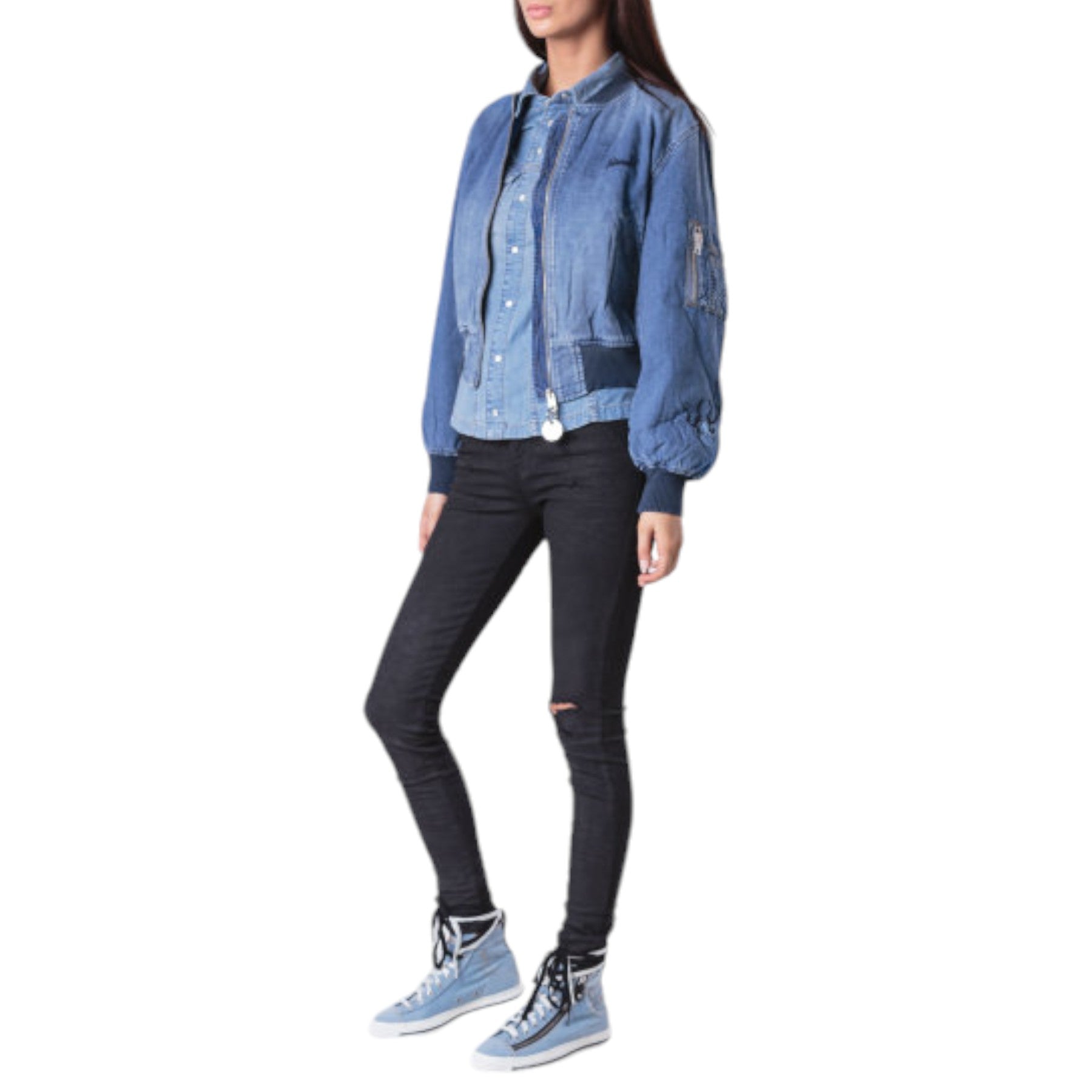 DIESEL DE BRUCY Womens Bomber Jacket Long Sleeve Blue Varsity Denim Jacket XS