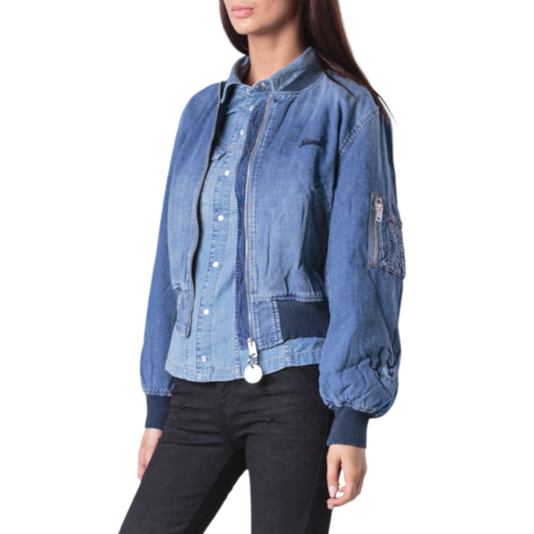DIESEL DE BRUCY Womens Bomber Jacket Long Sleeve Blue Varsity Denim Jacket XS