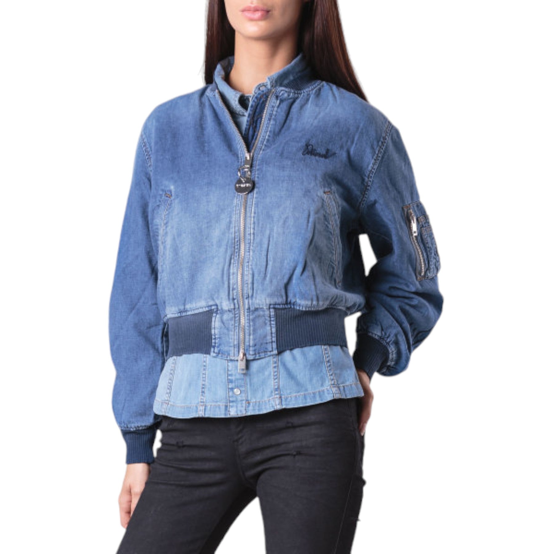 DIESEL DE BRUCY Womens Bomber Jacket Long Sleeve Blue Varsity Denim Jacket XS