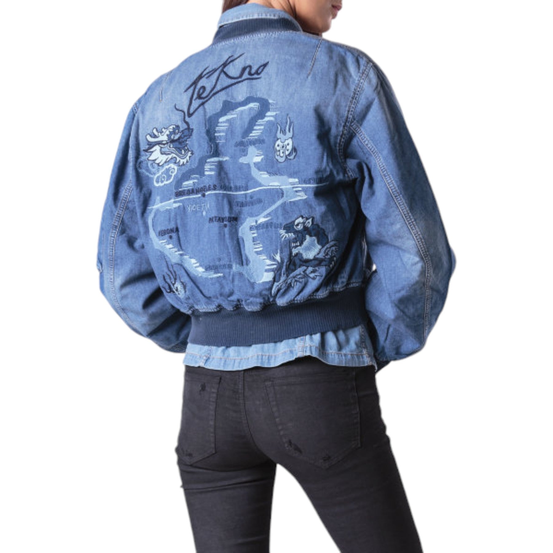 DIESEL DE BRUCY Womens Bomber Jacket Long Sleeve Blue Varsity Denim Jacket XS