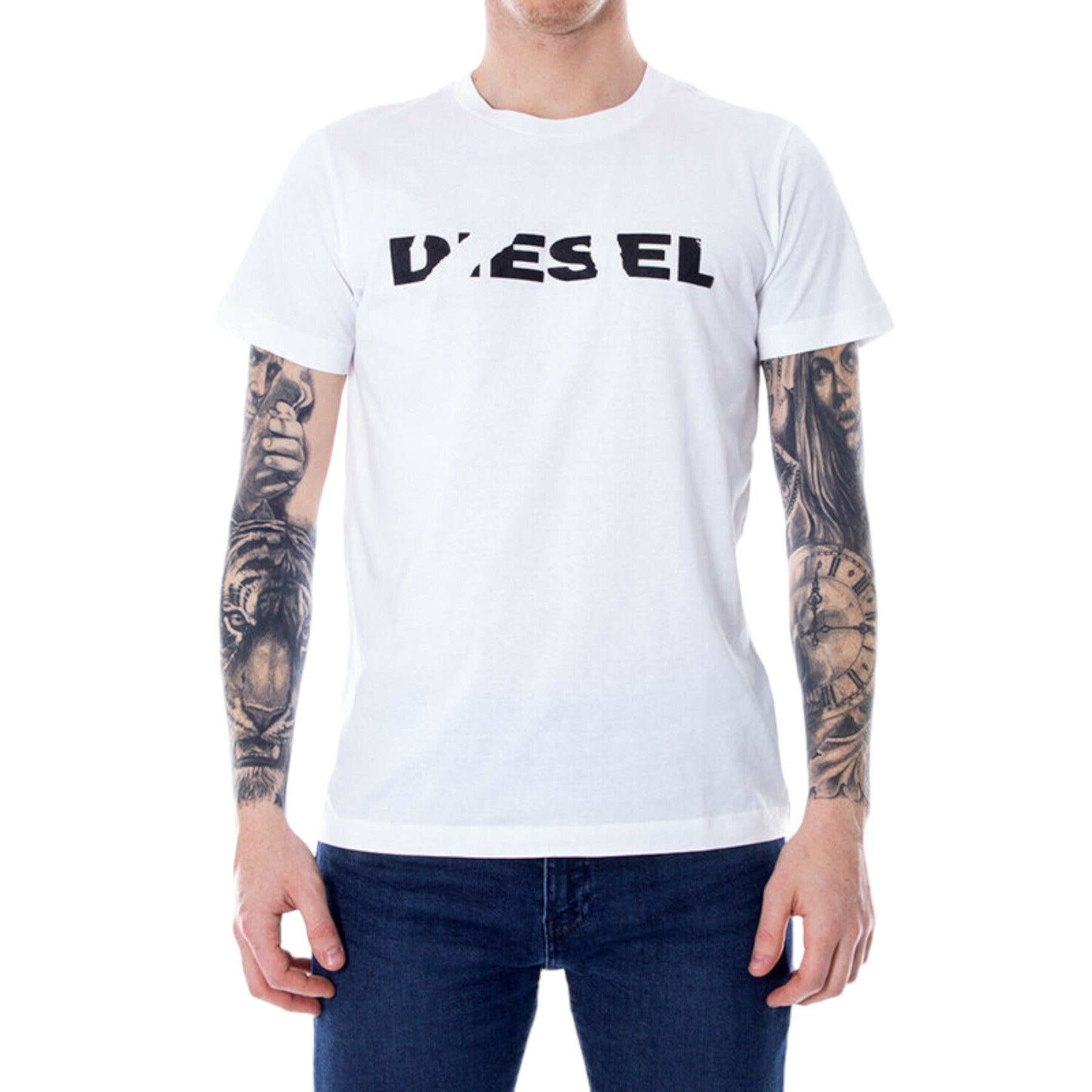 DIESEL T DIEGO BROK Mens T Shirt Crew Neck Tops Short Sleeve Cotton White Tee
