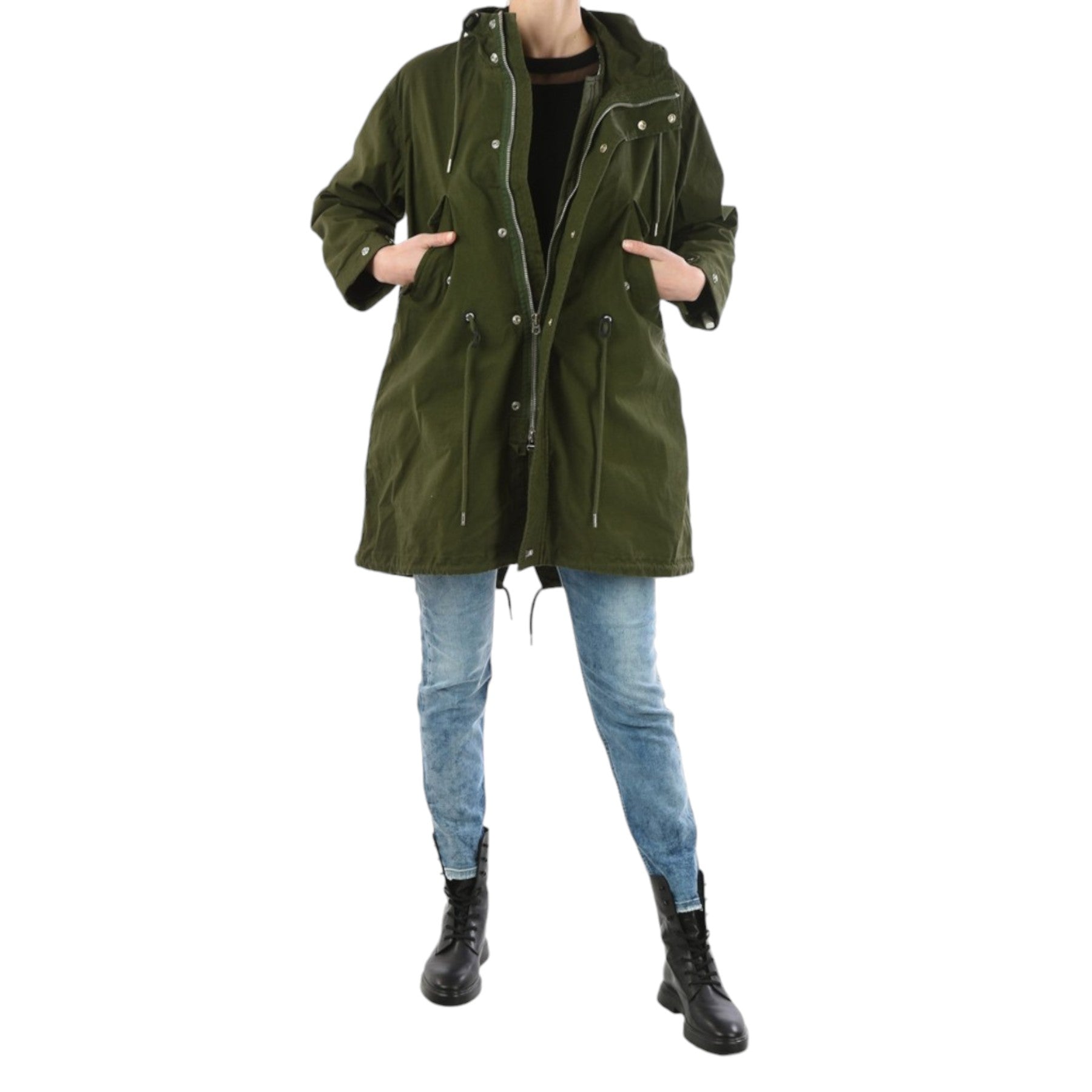 DIESEL R WIKIBI Womens Parka Jacket Casual Olive Green Winter Long Hooded Coat L