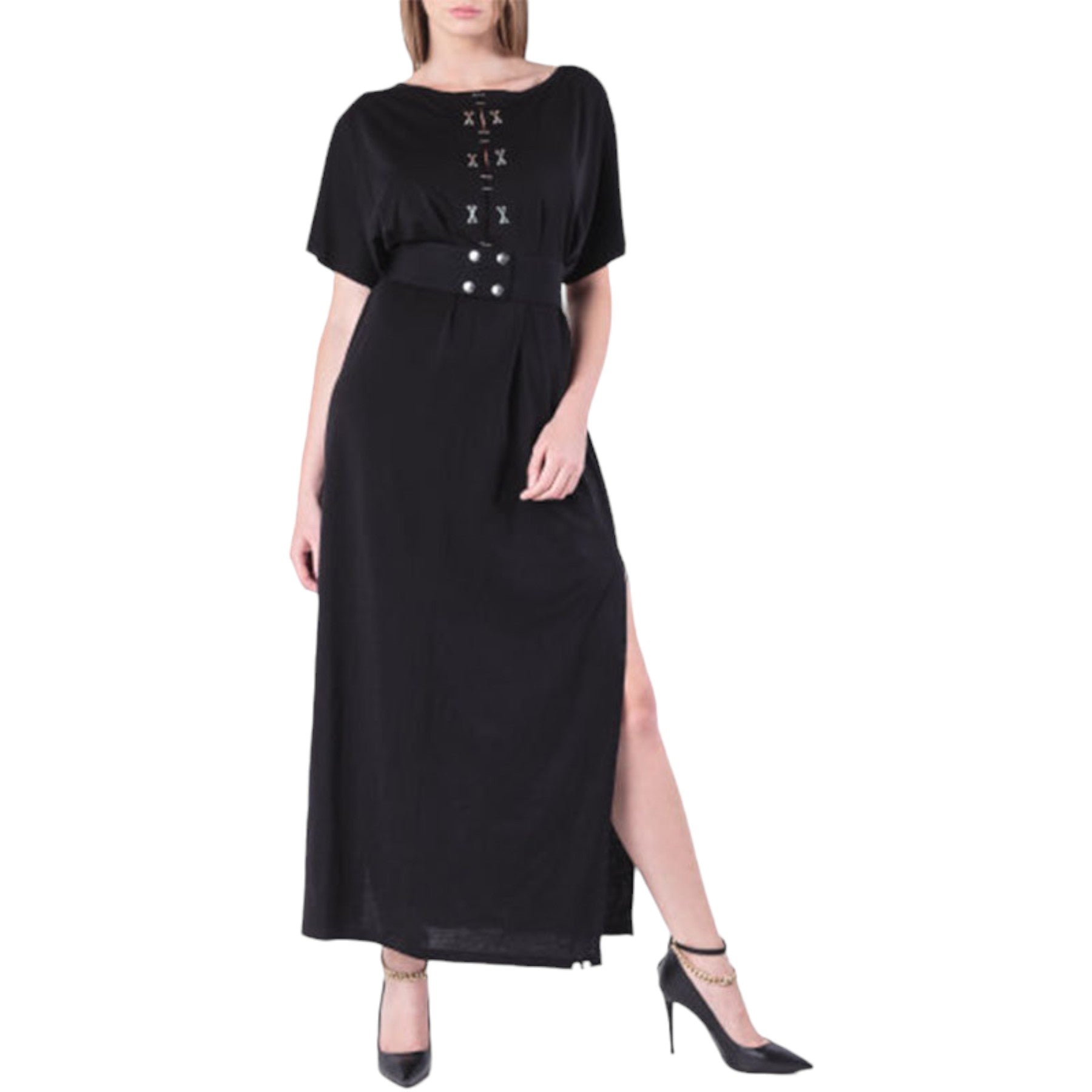 DIESEL D ALBA Womens Long Dress Round Neck Maxi Metal Party Wear Top Belt Black