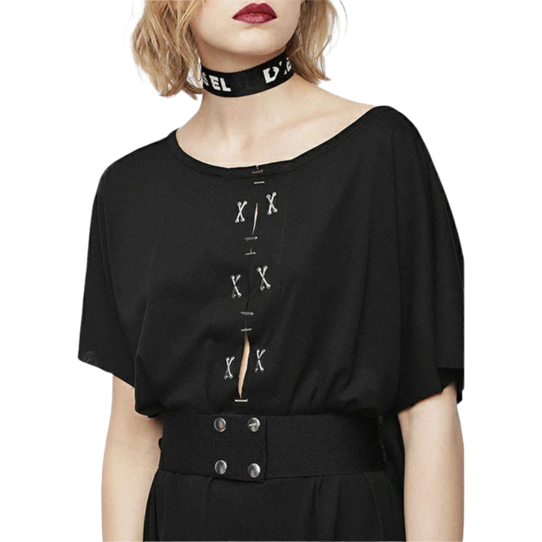 DIESEL D ALBA Womens Long Dress Round Neck Maxi Metal Party Wear Top Belt Black