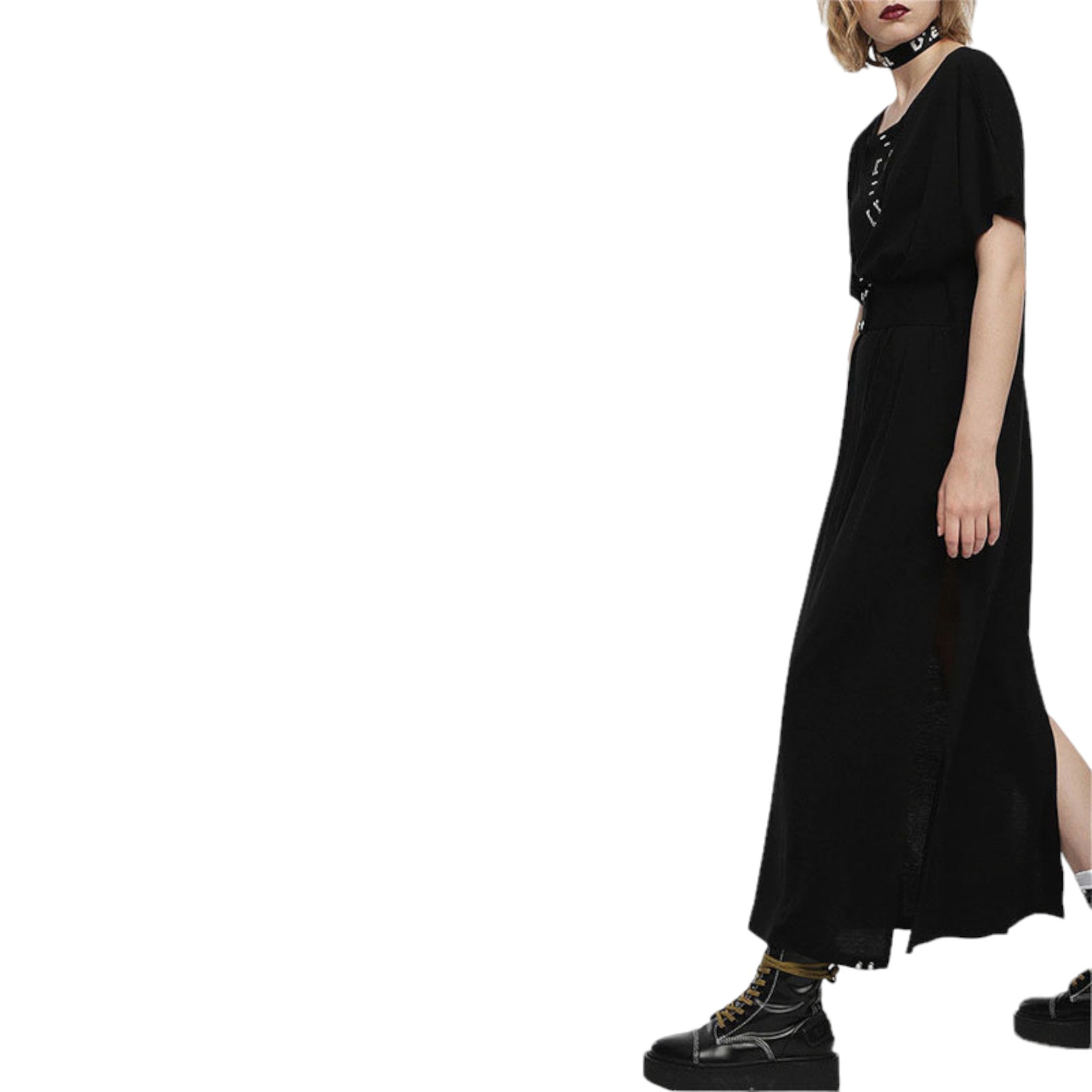DIESEL D ALBA Womens Long Dress Round Neck Maxi Metal Party Wear Top Belt Black