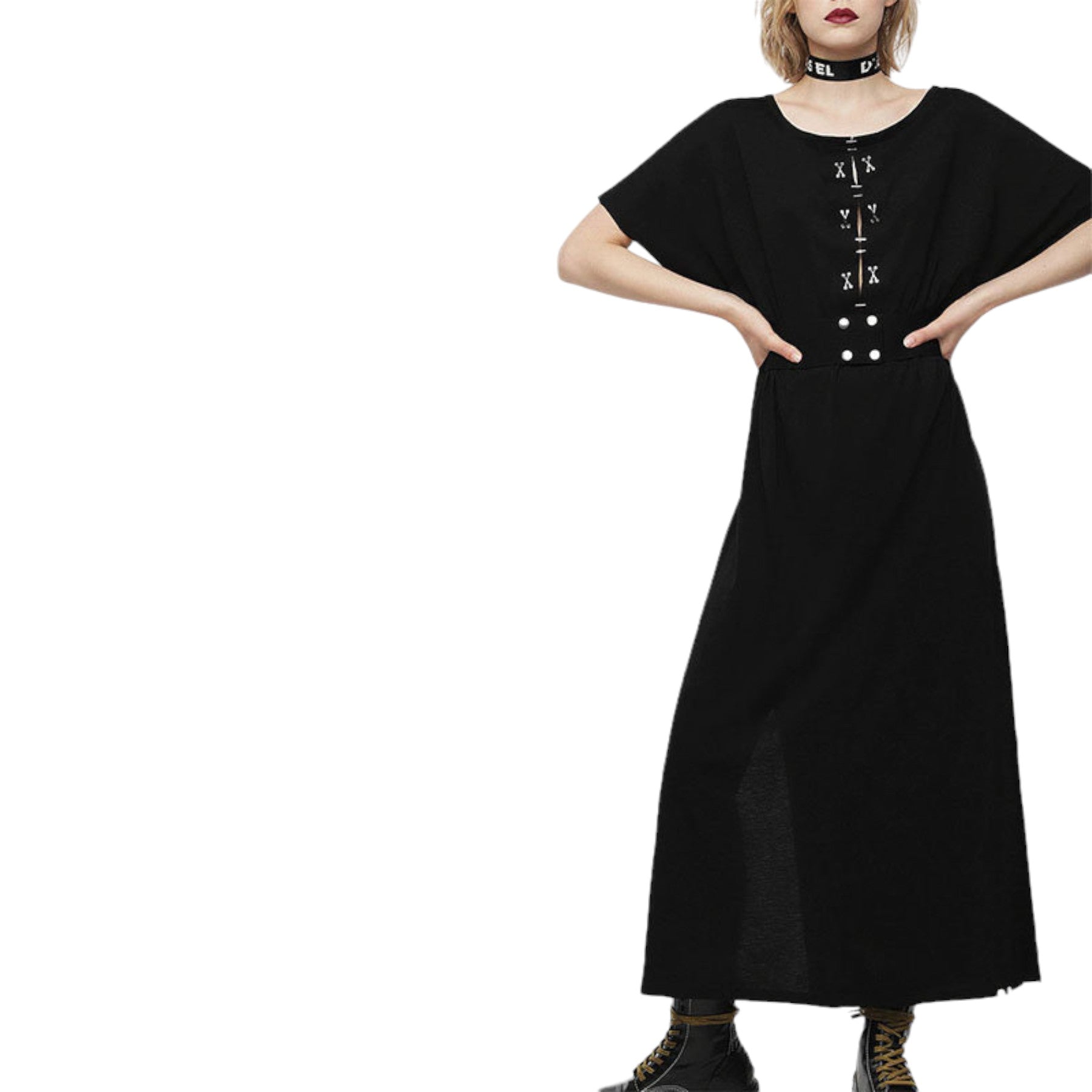DIESEL D ALBA Womens Long Dress Round Neck Maxi Metal Party Wear Top Belt Black