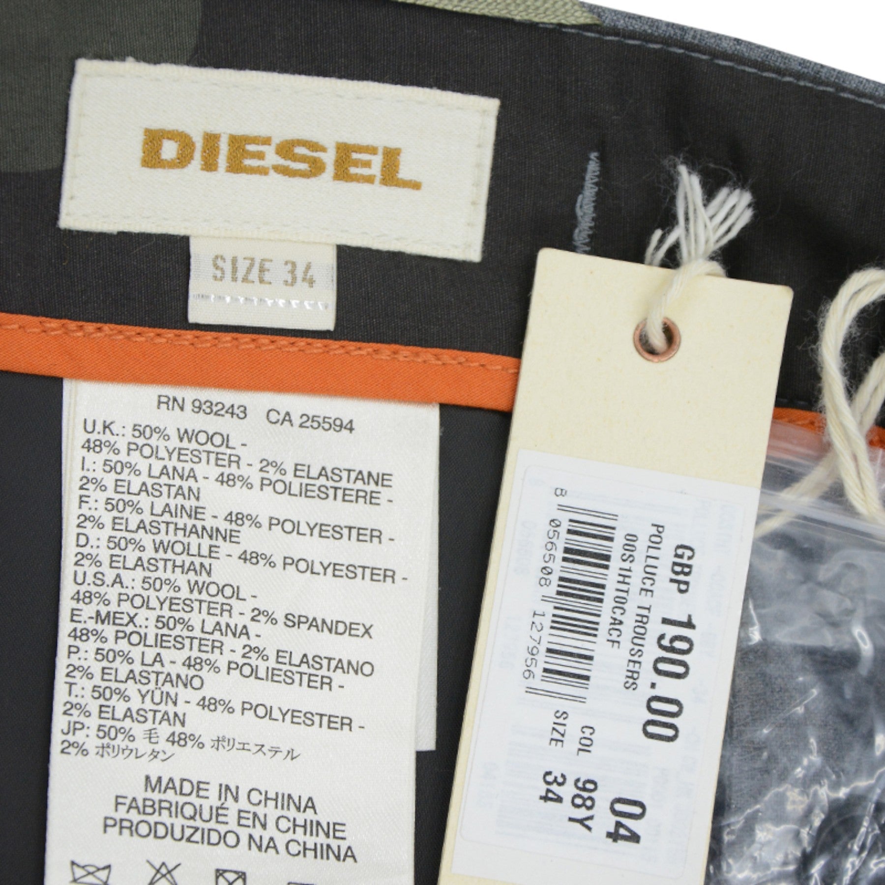 DIESEL POLLUCE Mens Trousers Regular Fit Casual Plain Bottom Grey Formal Pants