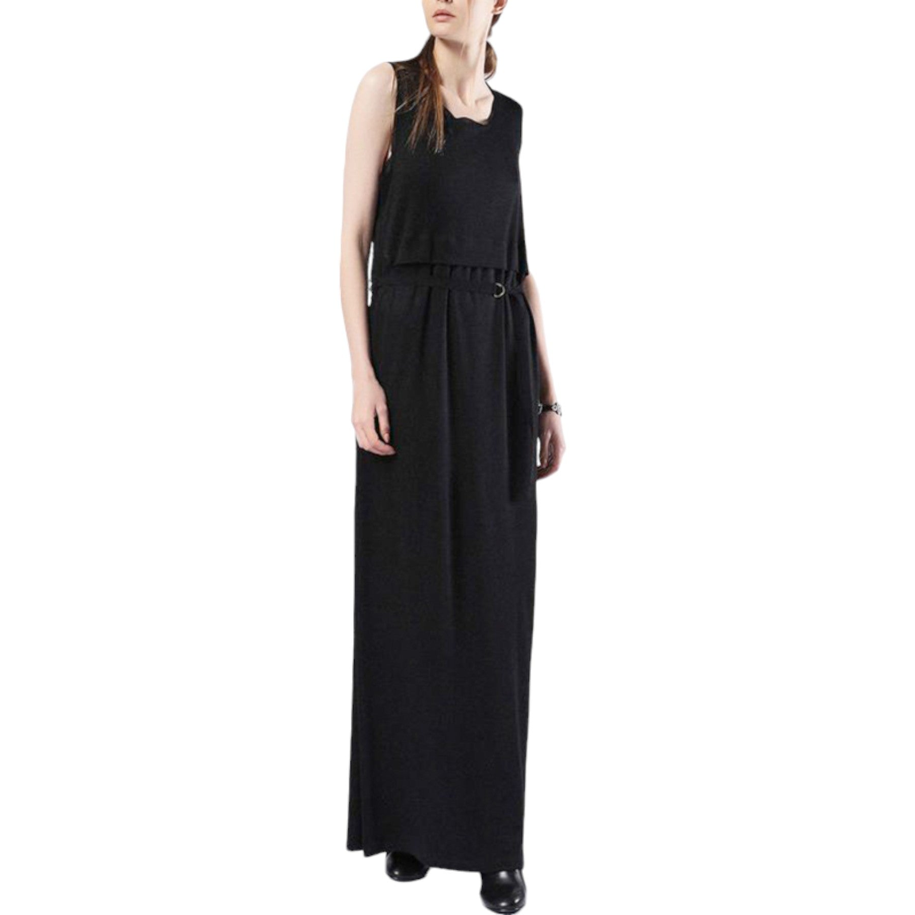 DIESEL D LETO LONG ABITO Womens Long Dress Black Summer Crew Neck Belt Maxi Tops