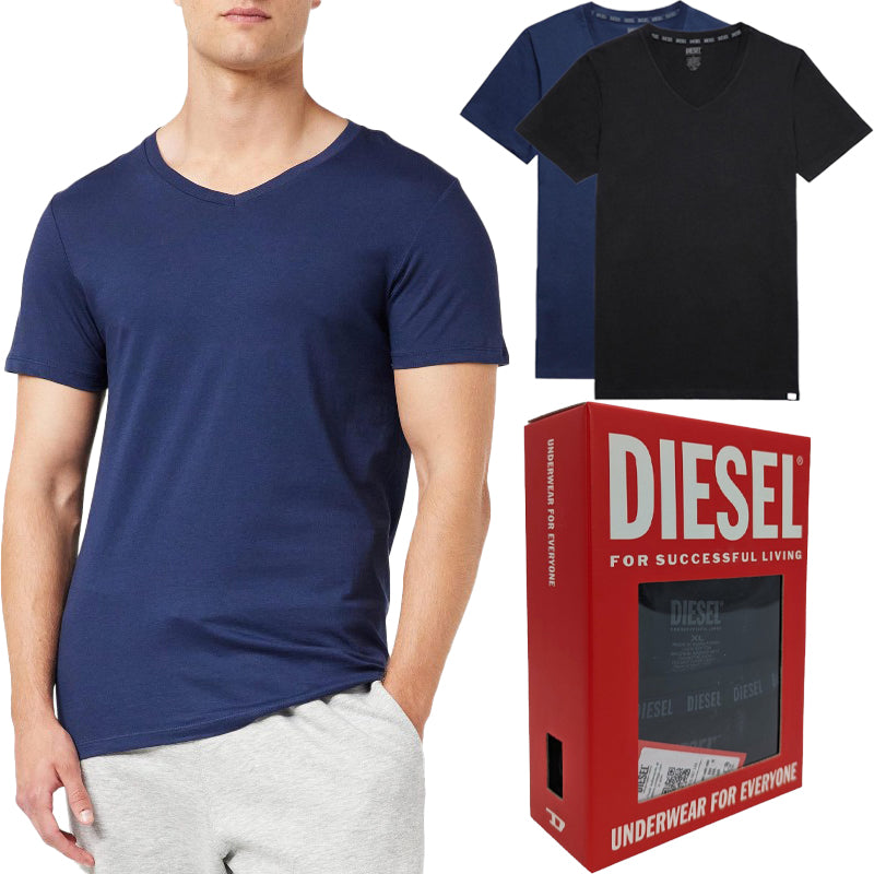 DIESEL UMTEE E4305 Mens T Shirts Regular Fit 2x Pack V Neck Cotton Gym Basic Tee