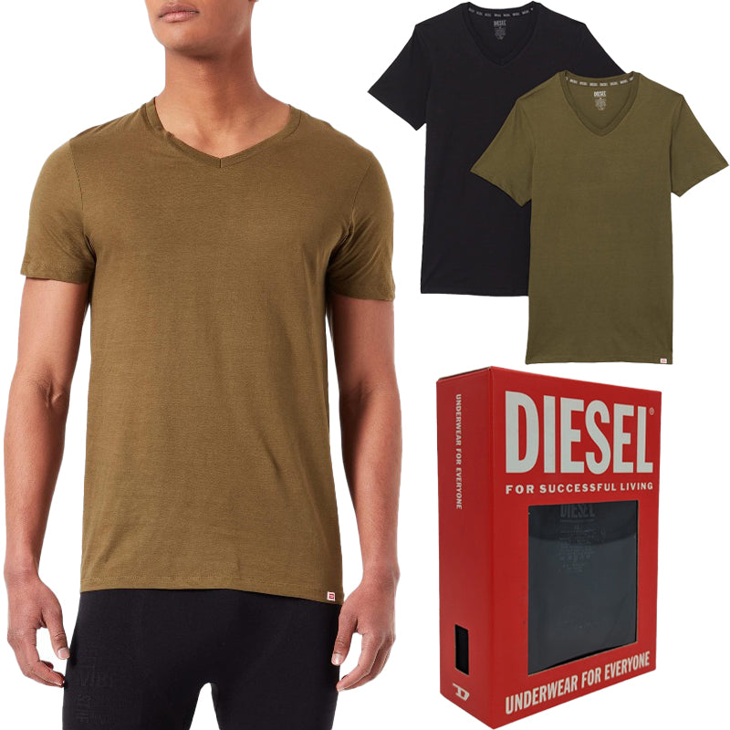 DIESEL UMTEE E5861 Mens T Shirts Regular Fit 2x Pack V Neck Cotton Gym Basic Tee