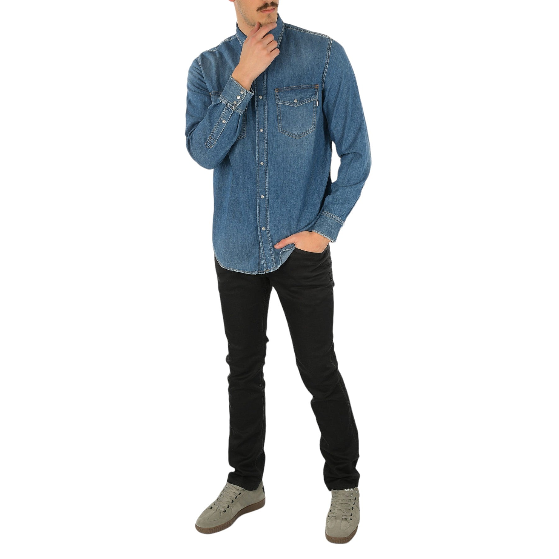 DIESEL D-ROOKE Mens Denim Shirt Long Sleeve Vintage Button Down Jeans Shirts L