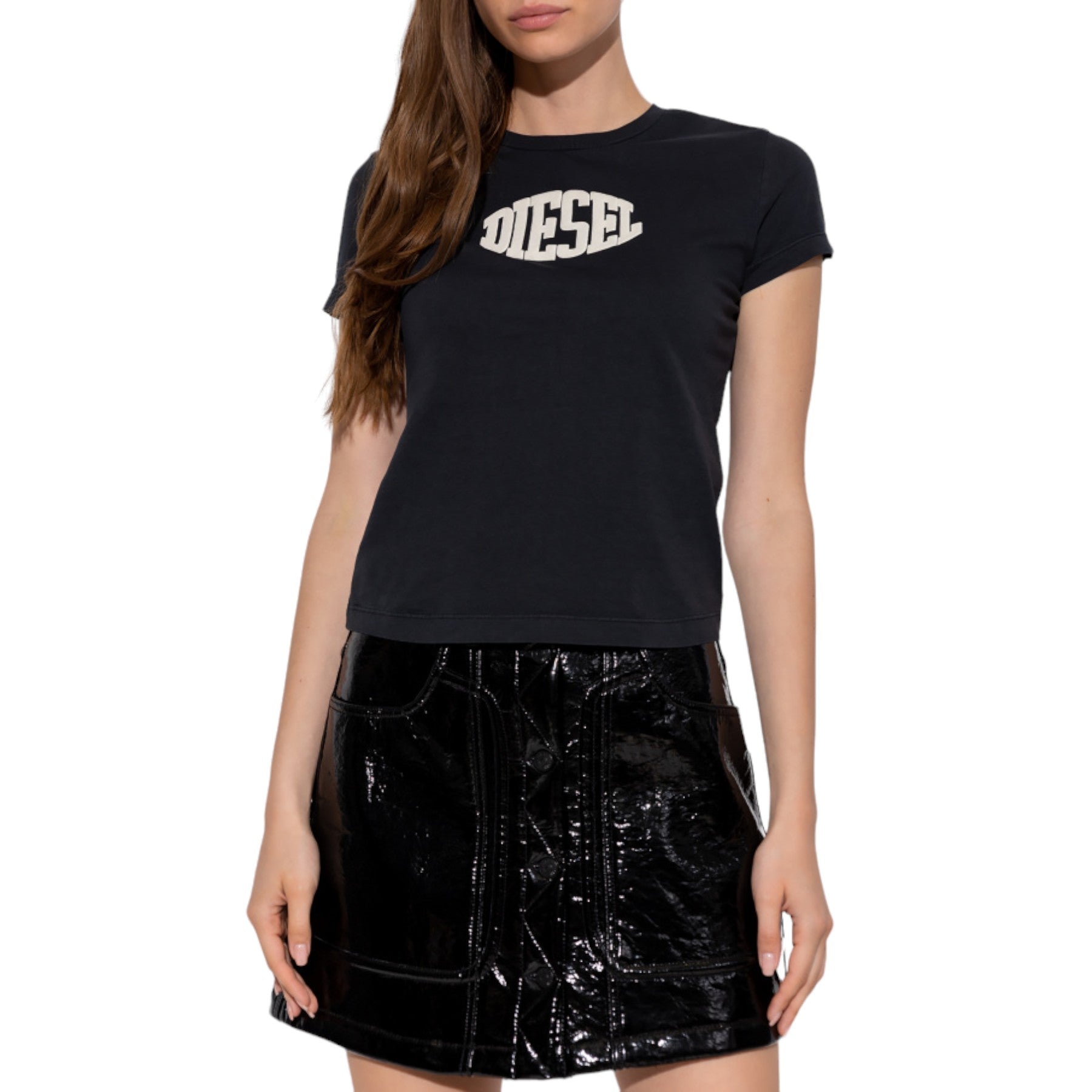 DIESEL T-SLI-E2 Womens Short Sleeve T Shirt Crew Neck Casual Summer Tee Black